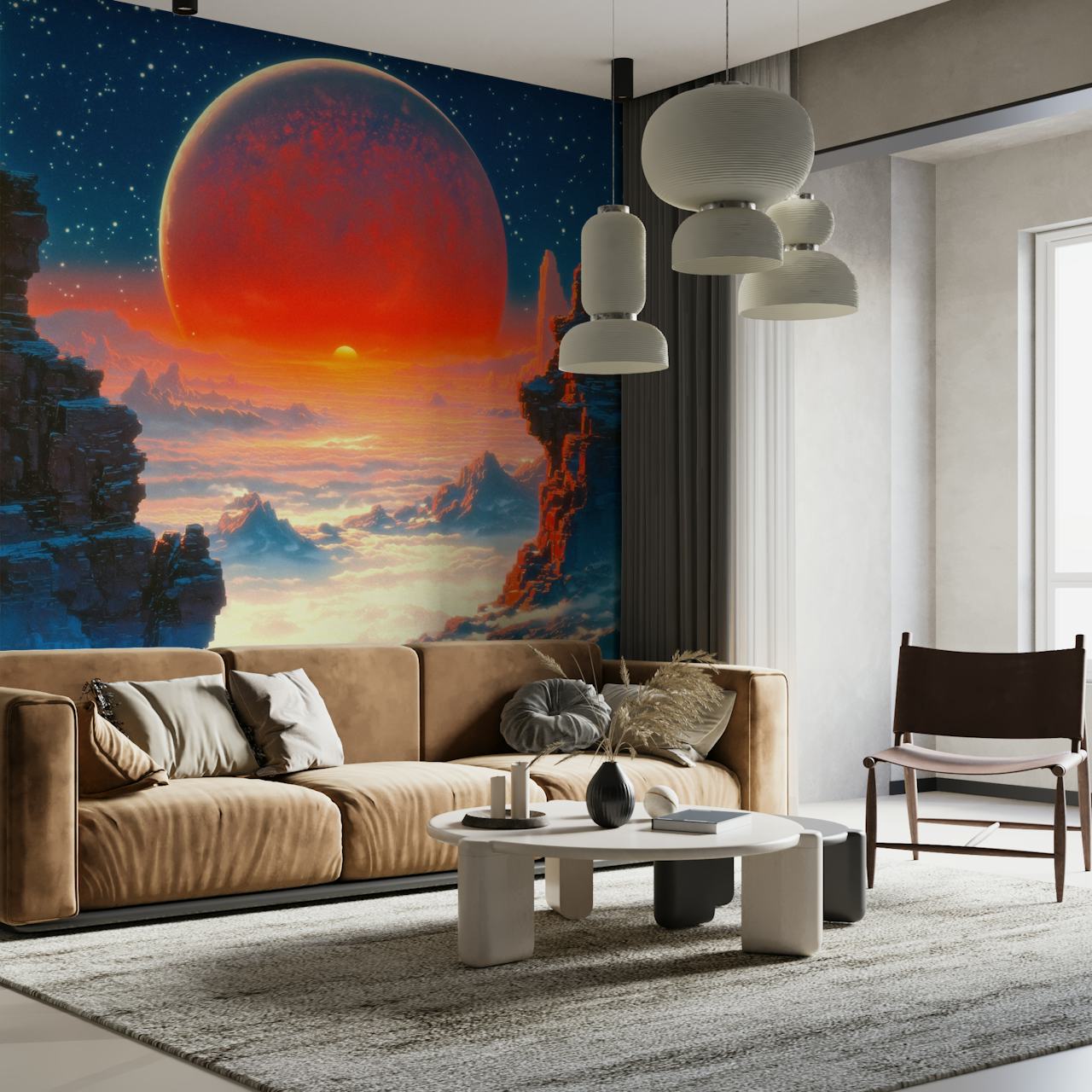 Astronaut walking in a red dawn wallpaper