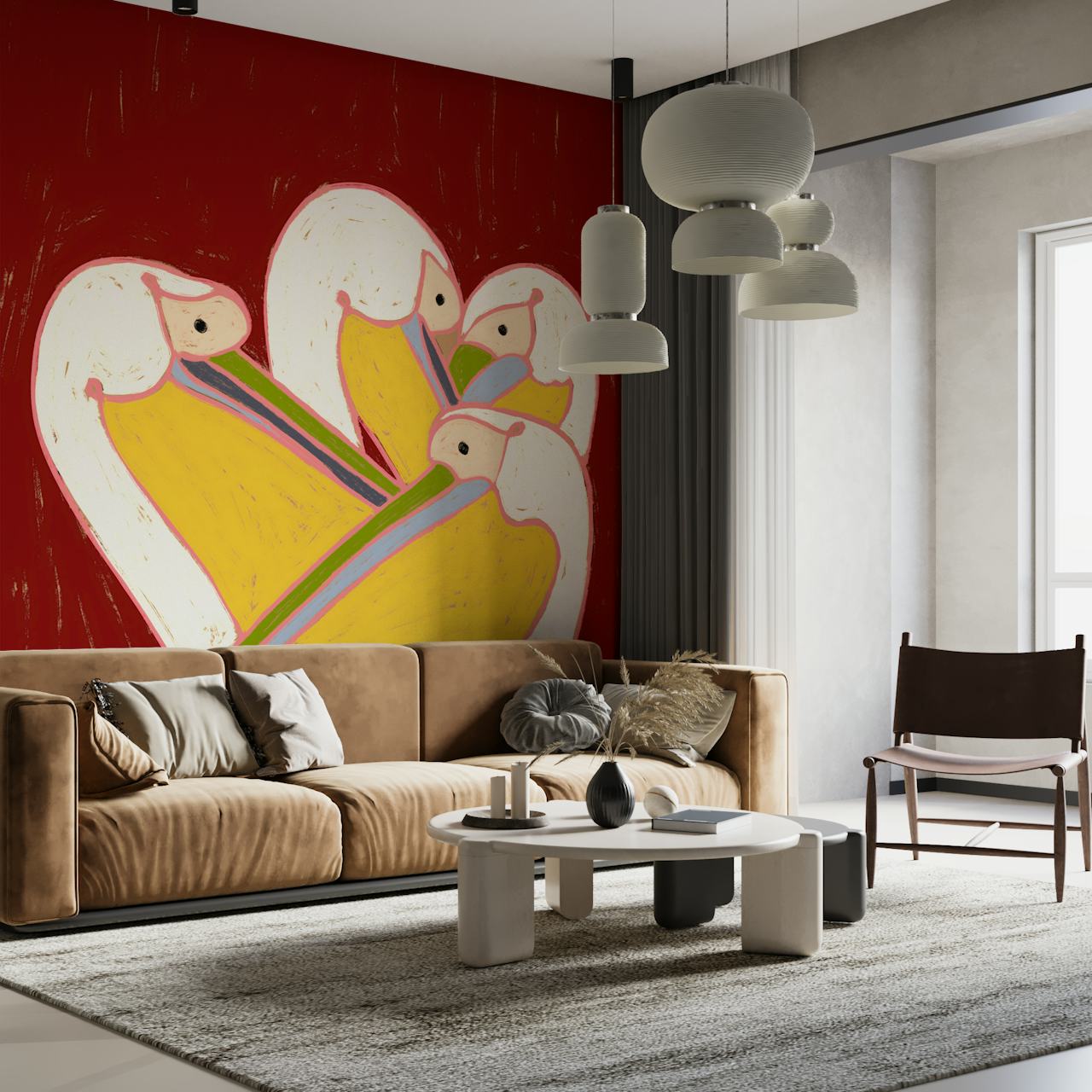 Colorful pelican wall mural on burgundy background wallpaper