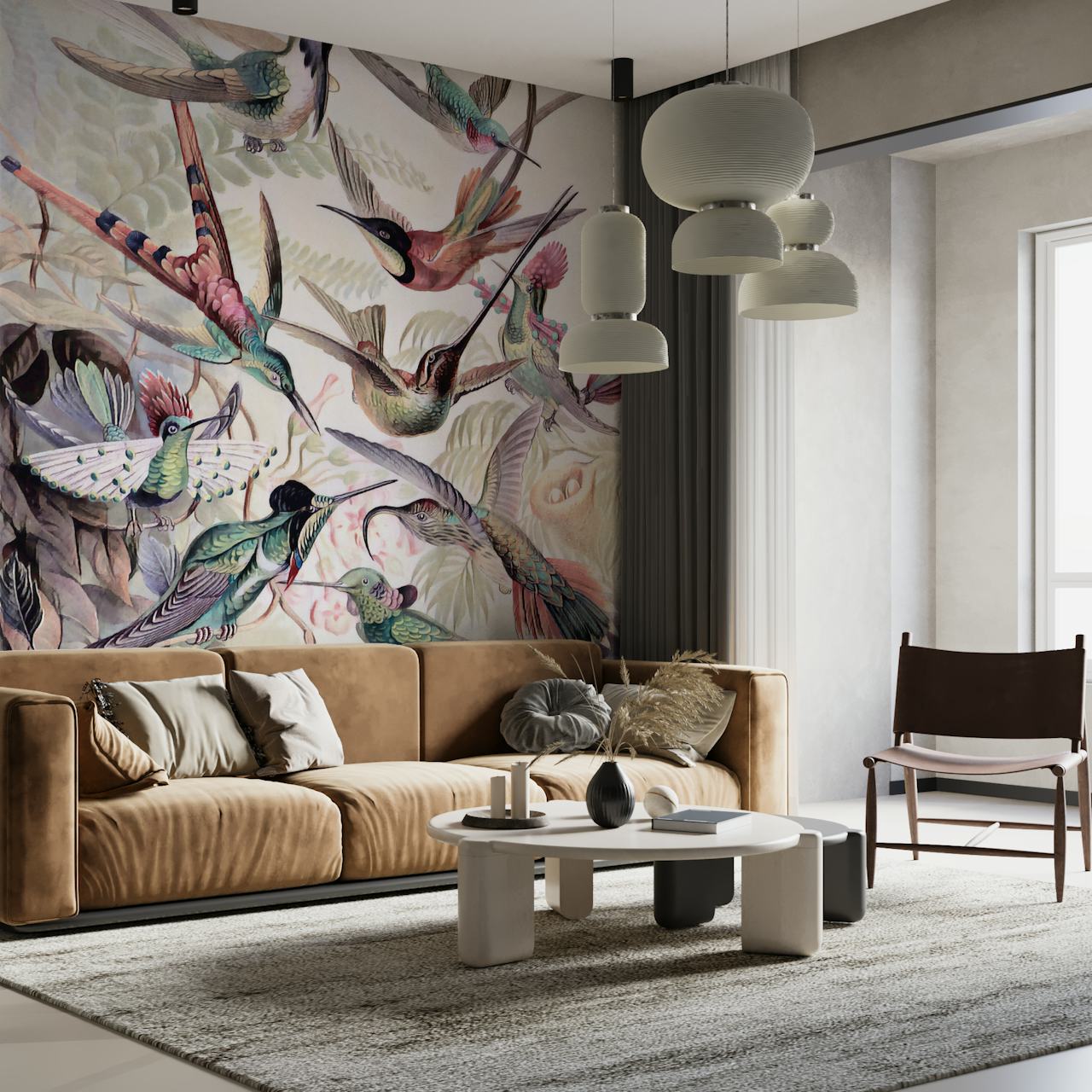 Multicolor tropical birds on foliage wallpaper, vibrant hues