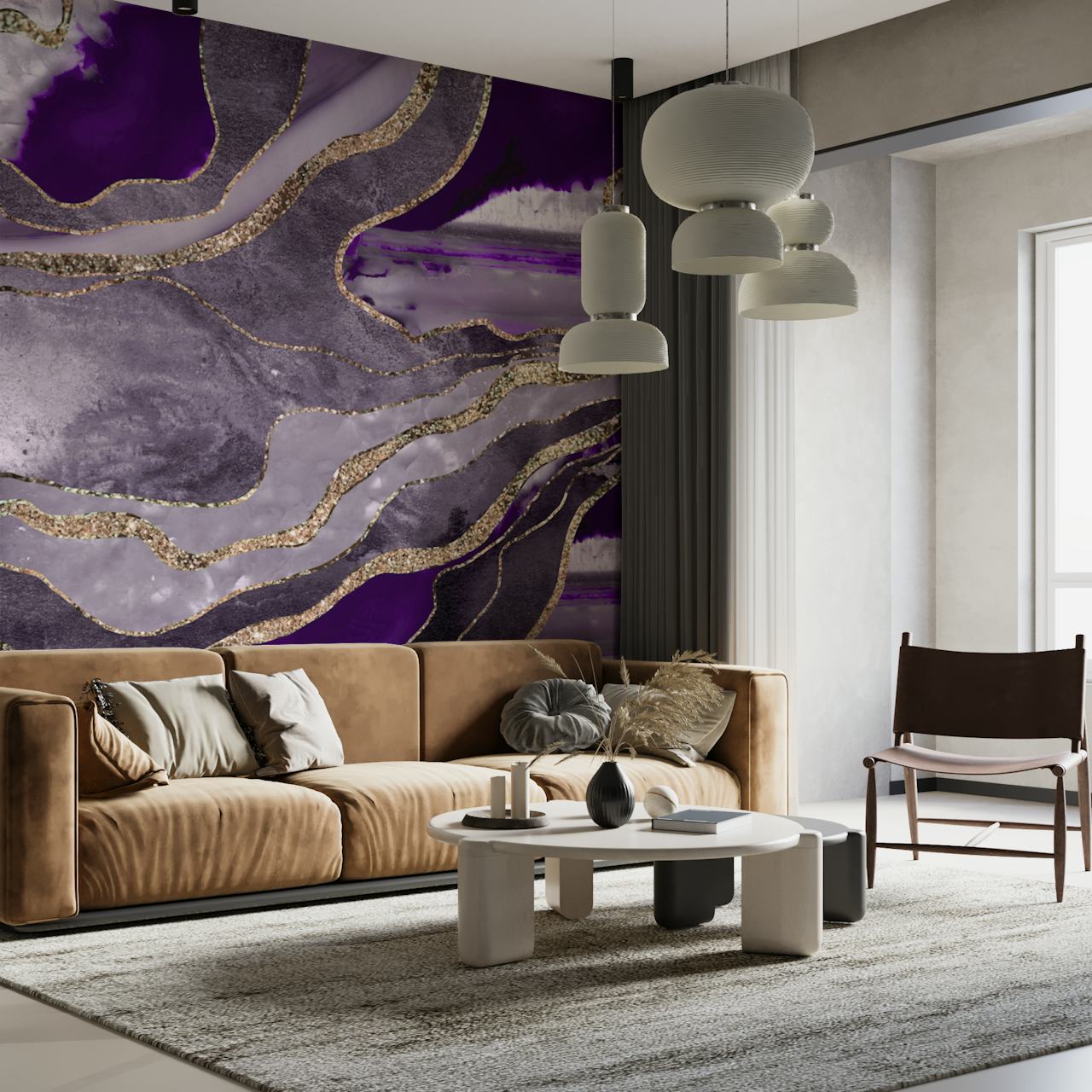 Violet marbled pattern with gold accents wallpaper