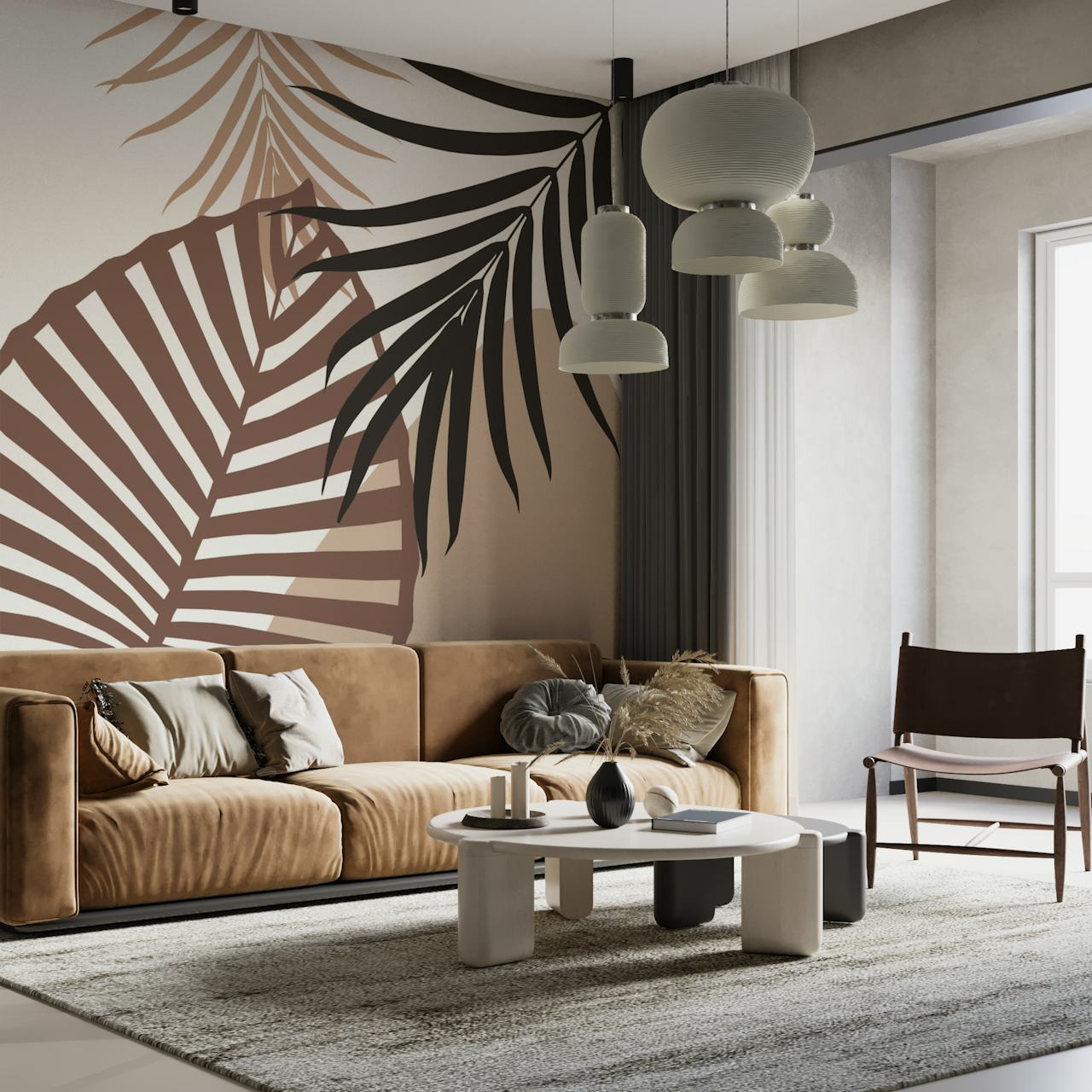 Botanical leaves in beige and black abstract wallpaper
