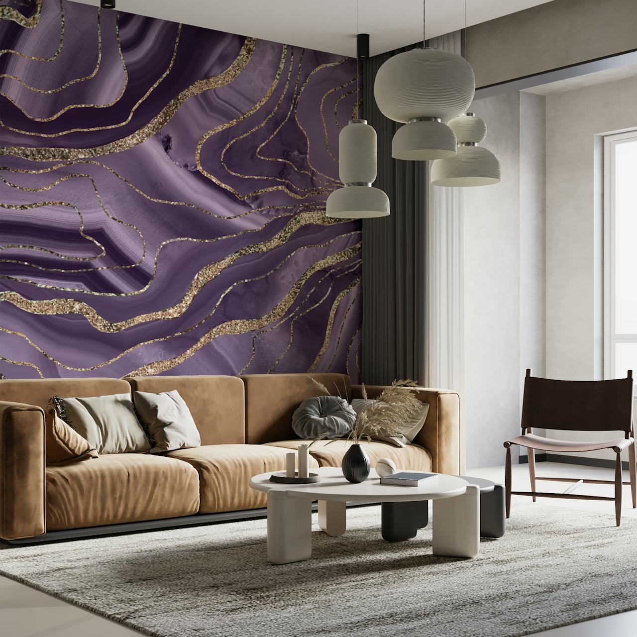 Lavender Agate Gold Glitter behang in een kamer