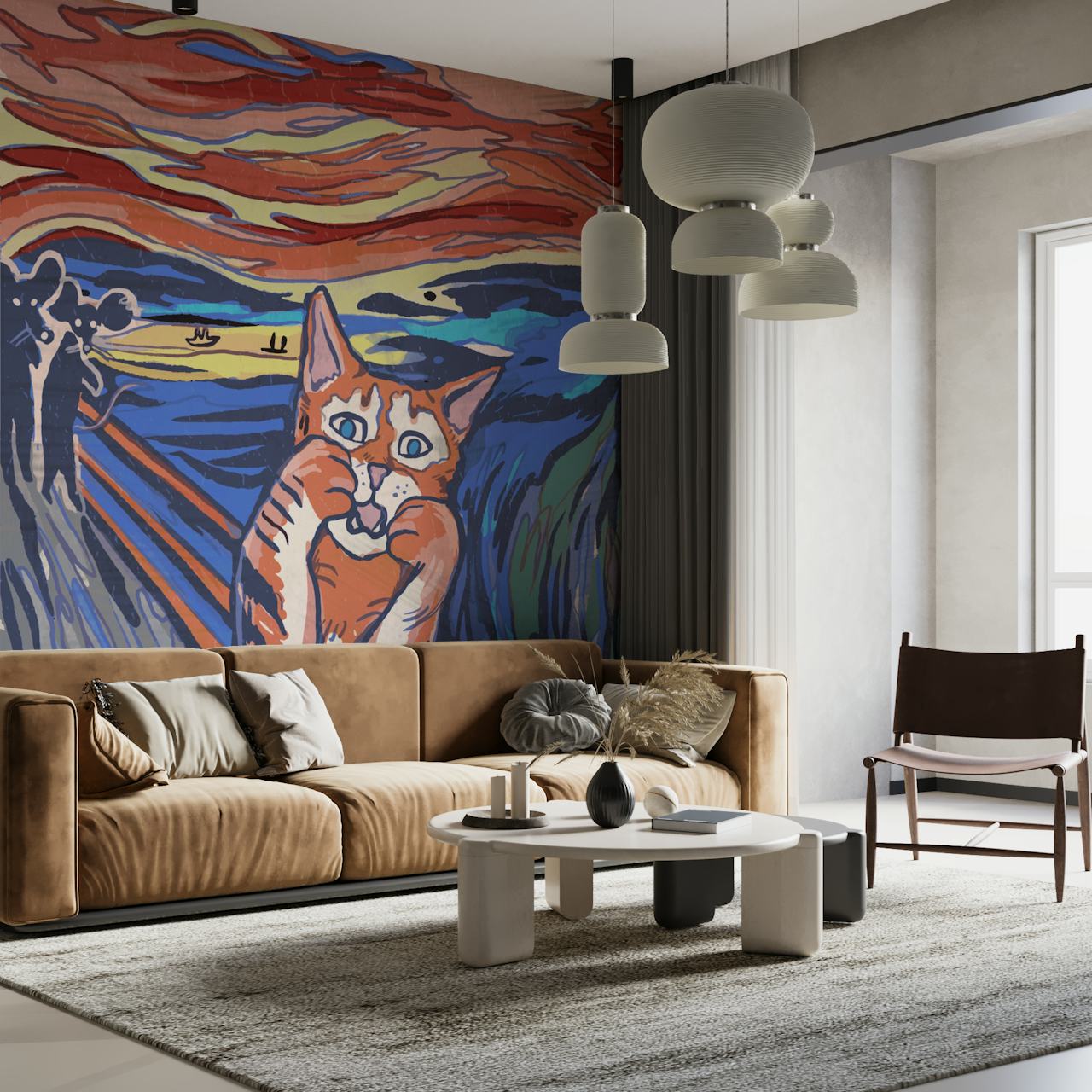 Une réinterprétation ludique d'une peinture célèbre mettant en scène un chat surpris au milieu de couleurs tourbillonnantes.