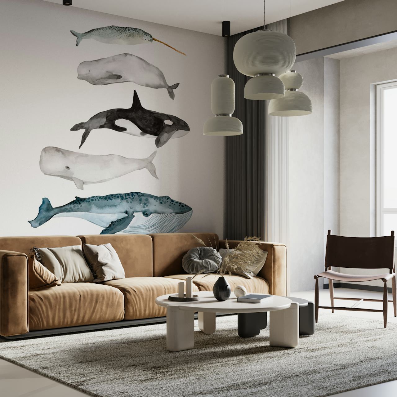 Whale illustrations in blue and gray on white background wallpaper