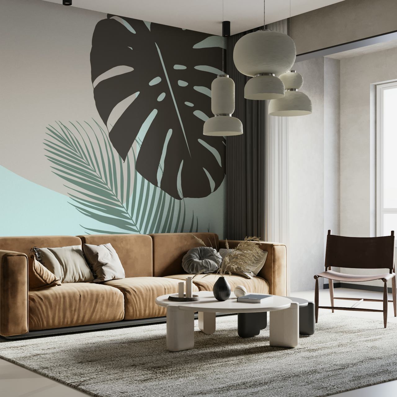 Monstera and palm leaves illustration in green and black on light blue background wallpaper