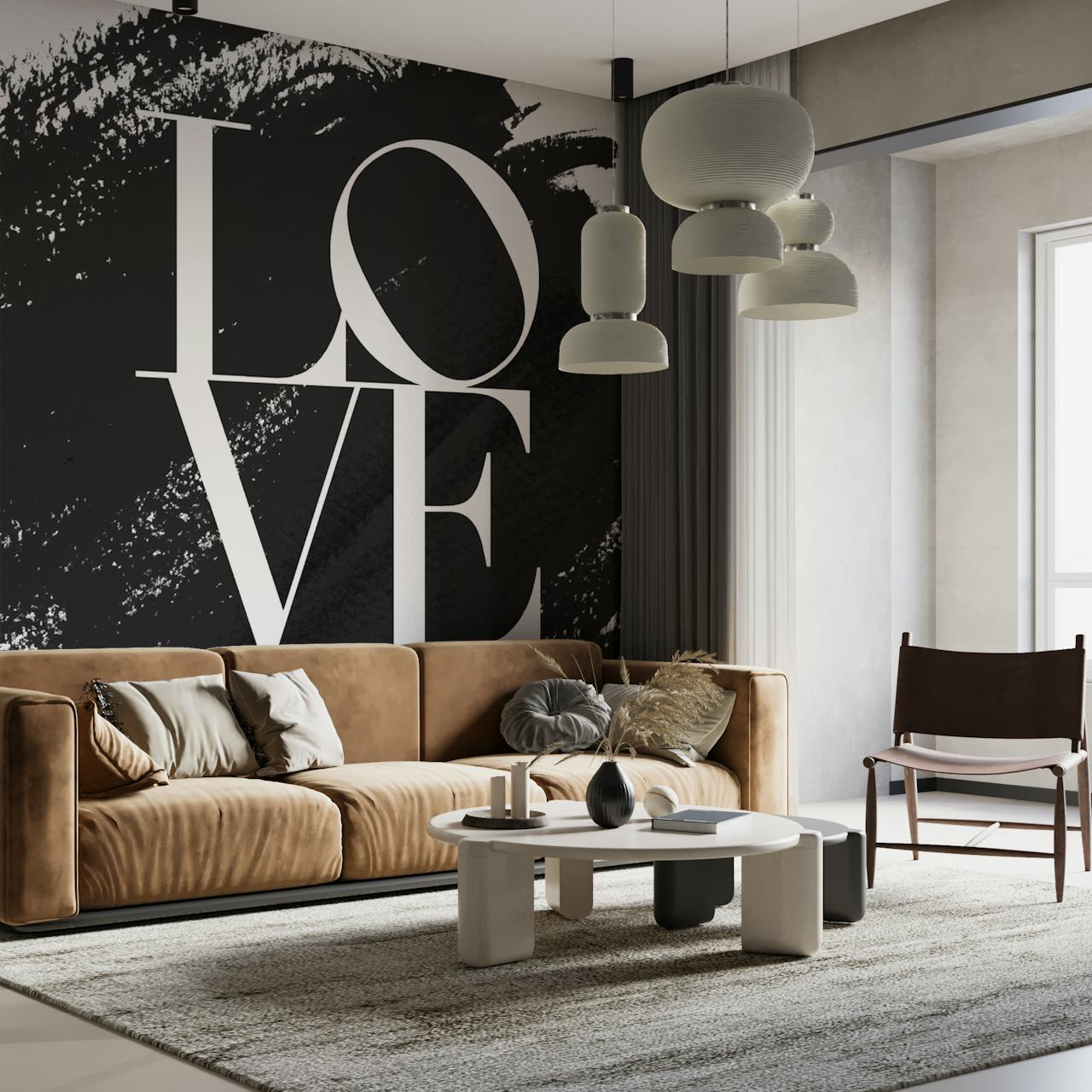 Papier peint mural moderne « Love is the new Black » avec des coups de pinceau et une typographie noirs audacieux