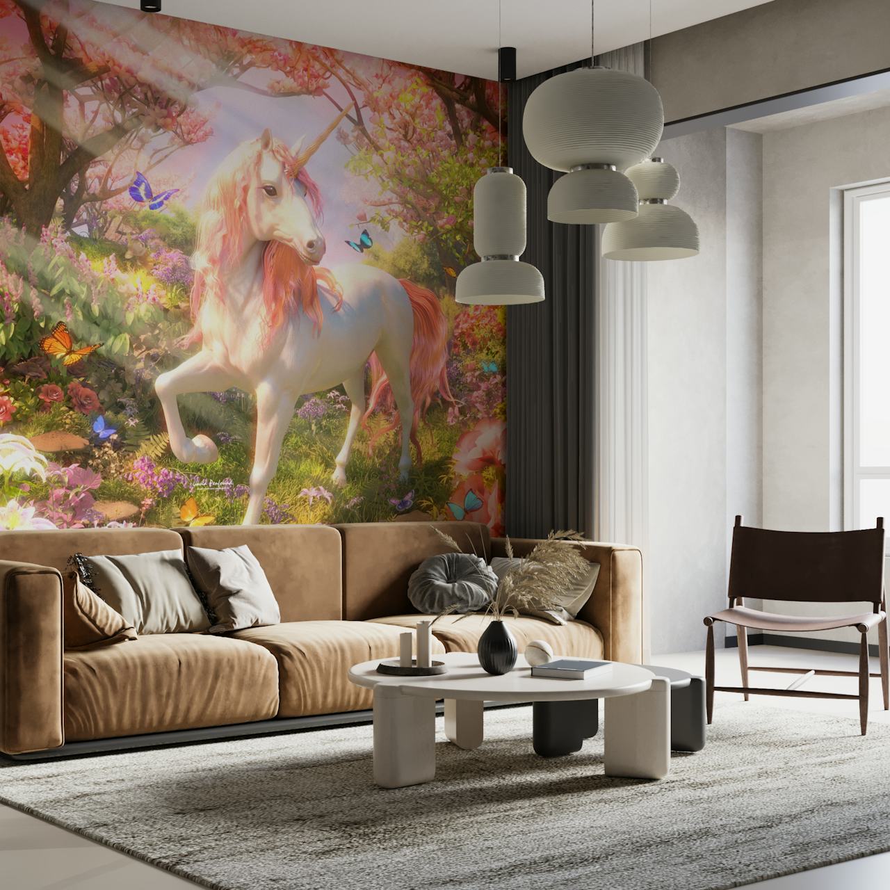 Enchanted unicorn in a spring meadow wall mural with butterflies and flowers.