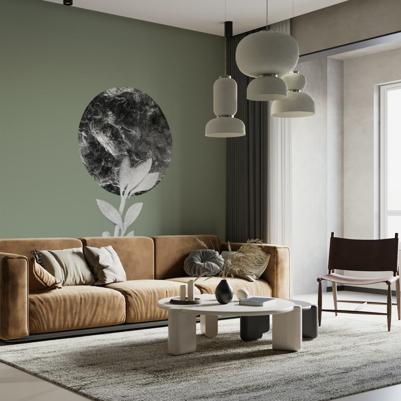 Marble leaf design with green background and gray circular element wallpaper