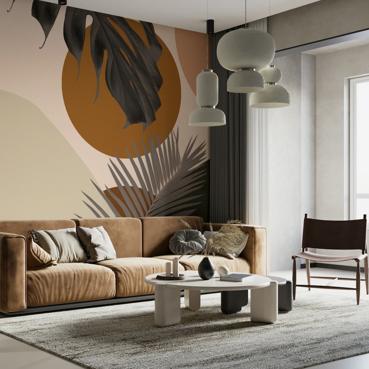 Intertwined palm leaves wallpaper in a room