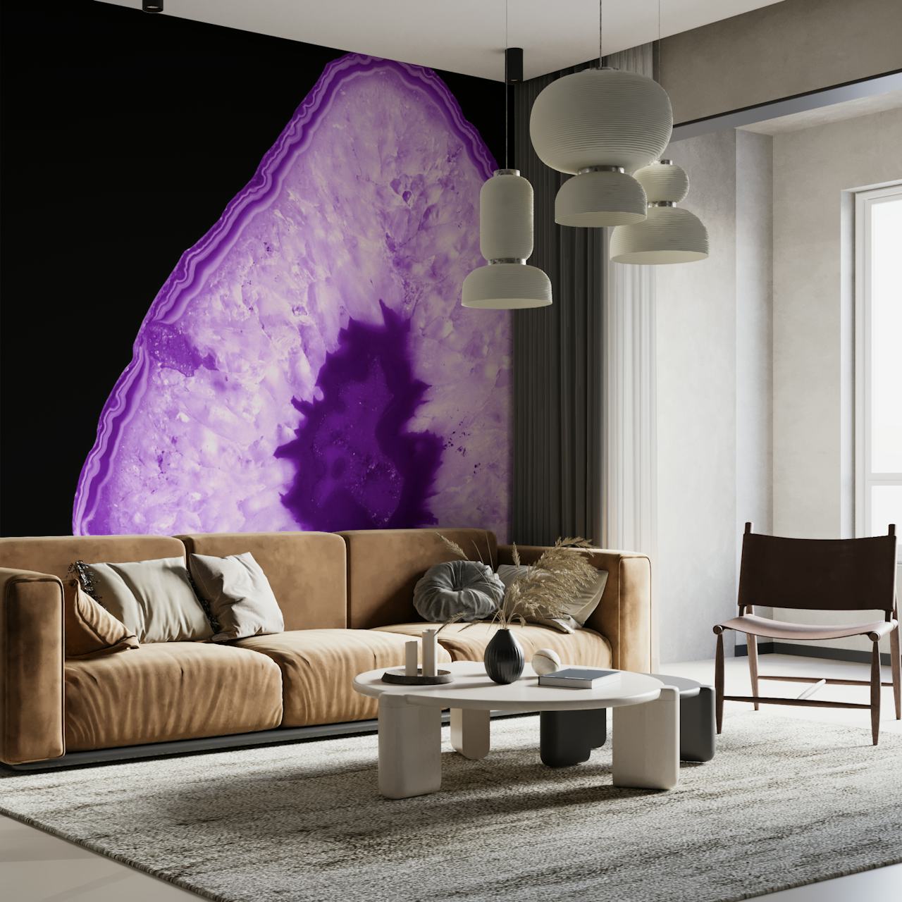 Purple Black Agate Tapete in einem modernen Raum