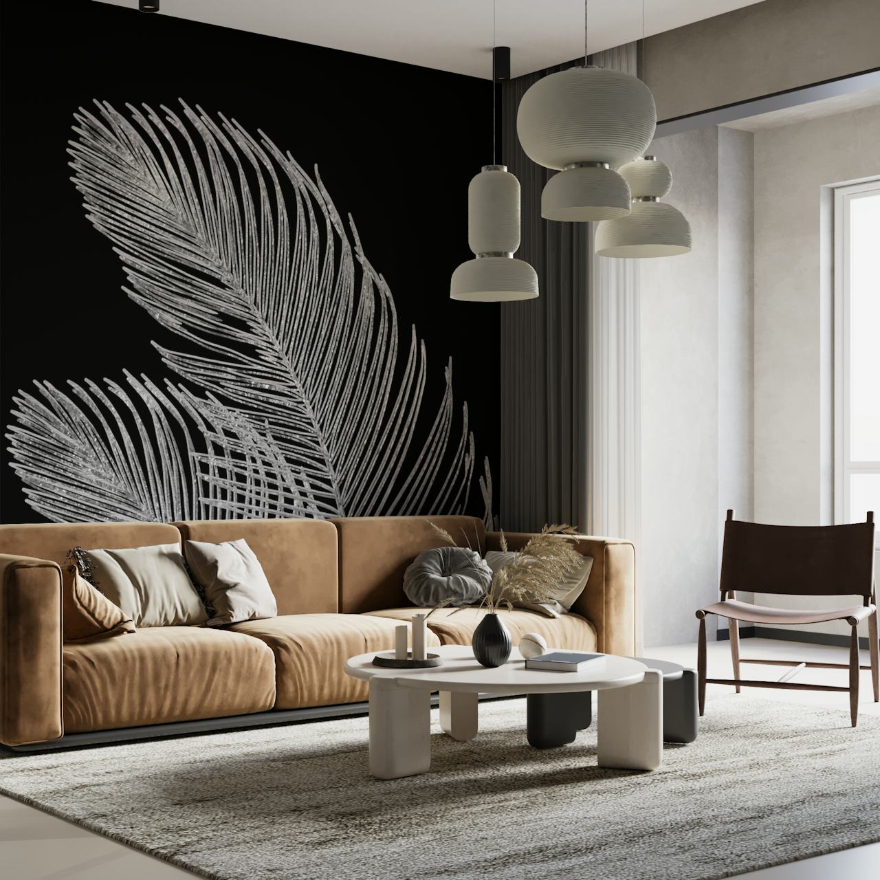 Palm leaf line art wall mural against black background