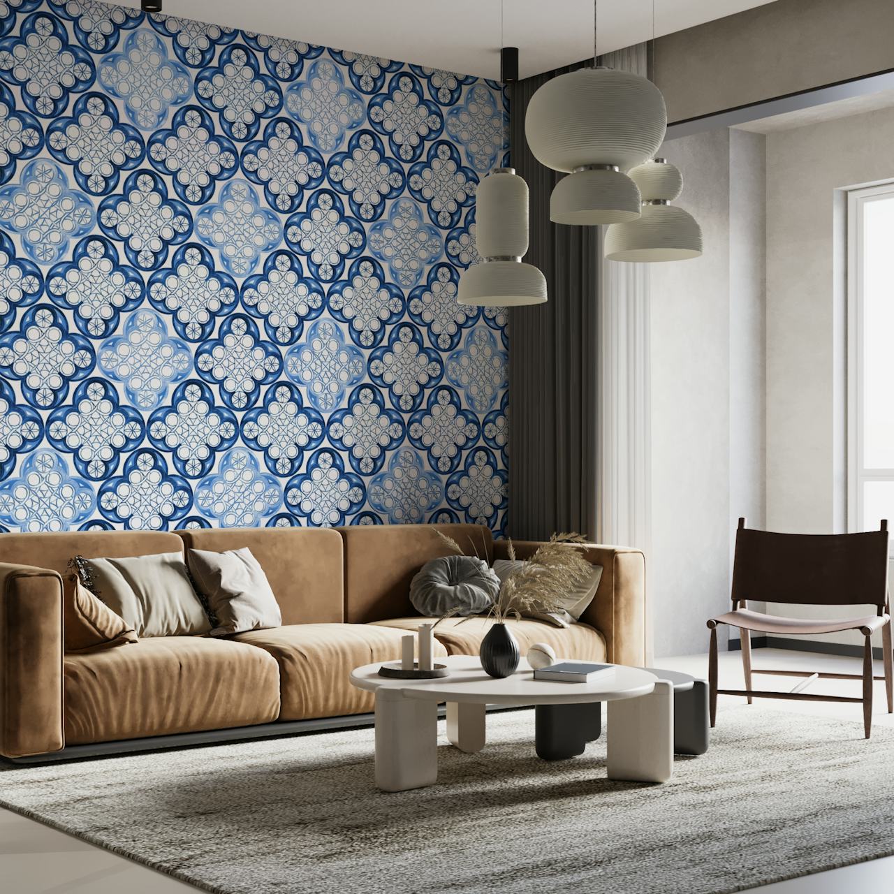 Fotomural de azulejos marroquíes azul índigo con motivos geométricos y florales