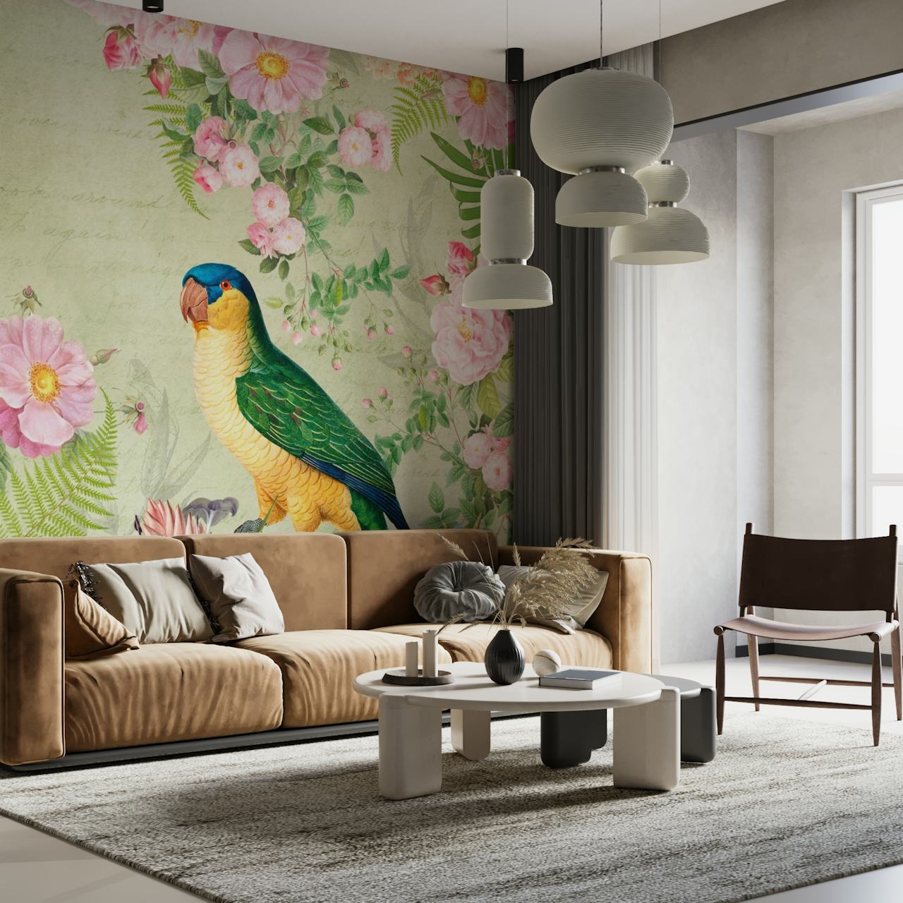 Fototapete mit exotischem Vogel vor dem Hintergrund blühender Blumen und grünem Blattwerk
