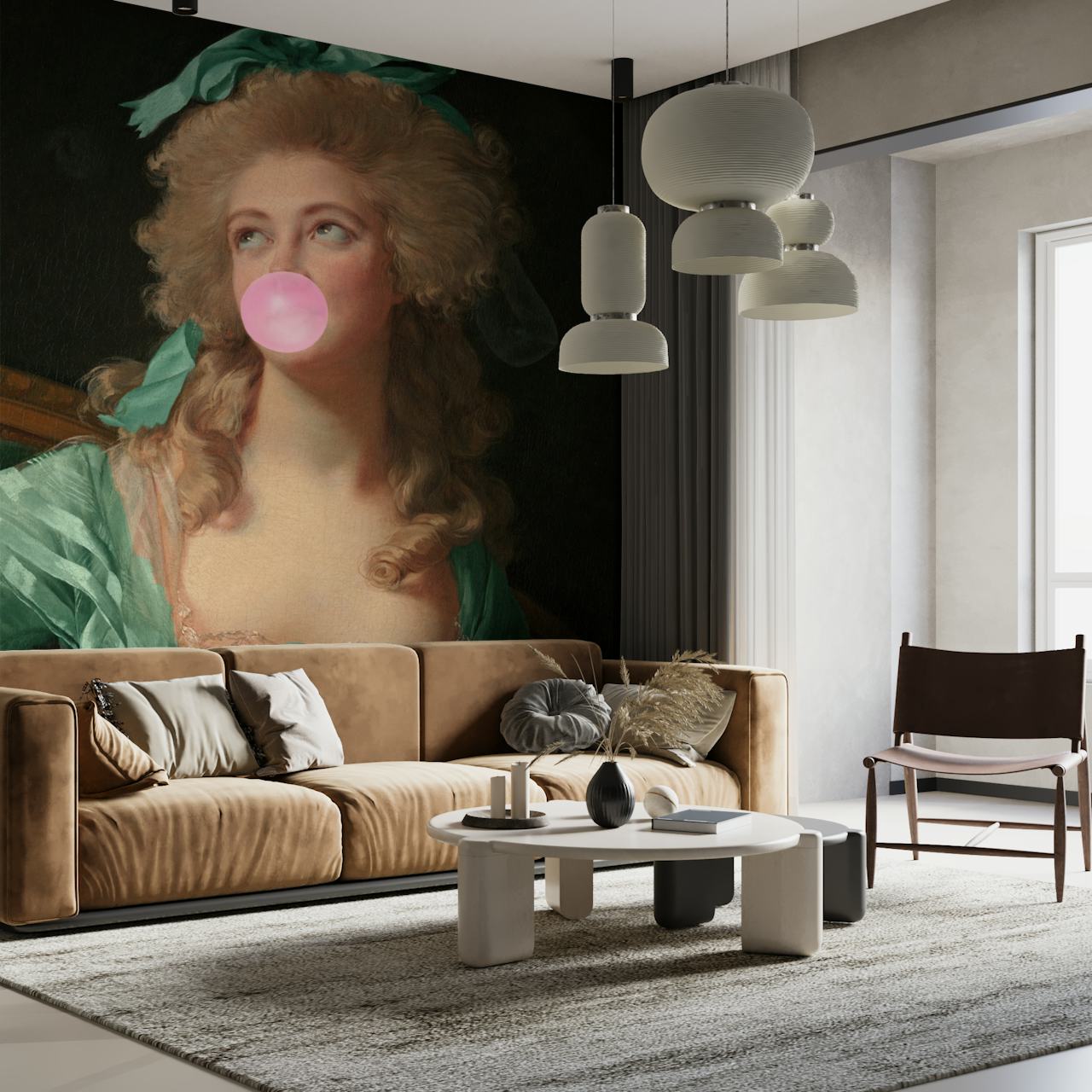 Papel pintado Madame Bubble-Gum II exhibido en una habitación