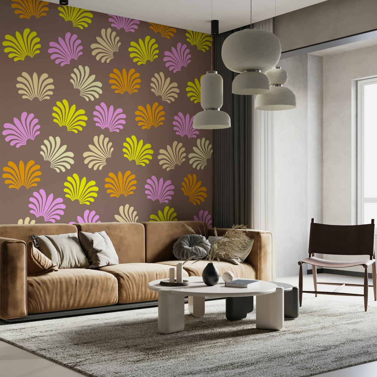 Colorful retro-style lotus flower patterns on a dark background wall mural