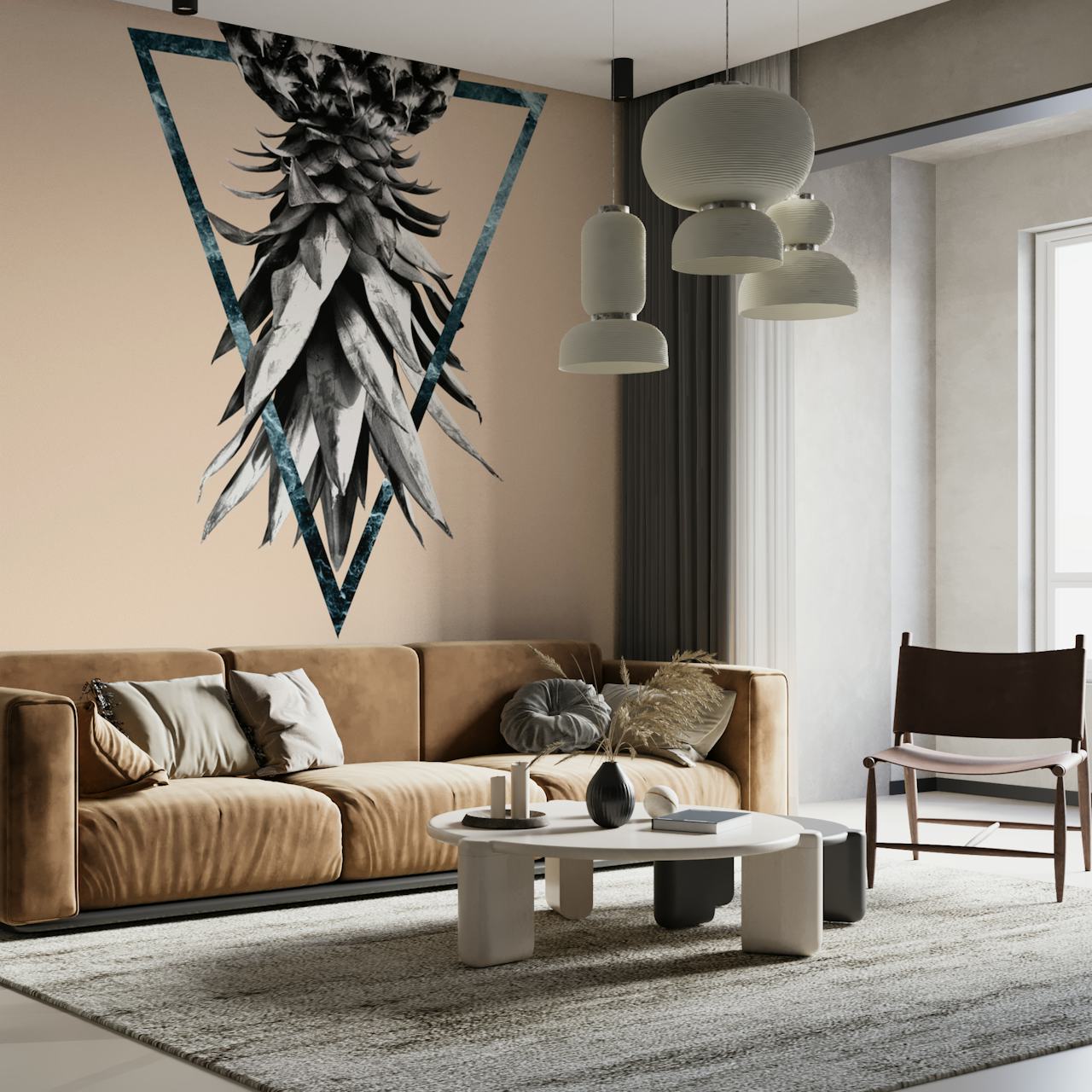 Abstract geometric pineapple design wall mural on a pastel background