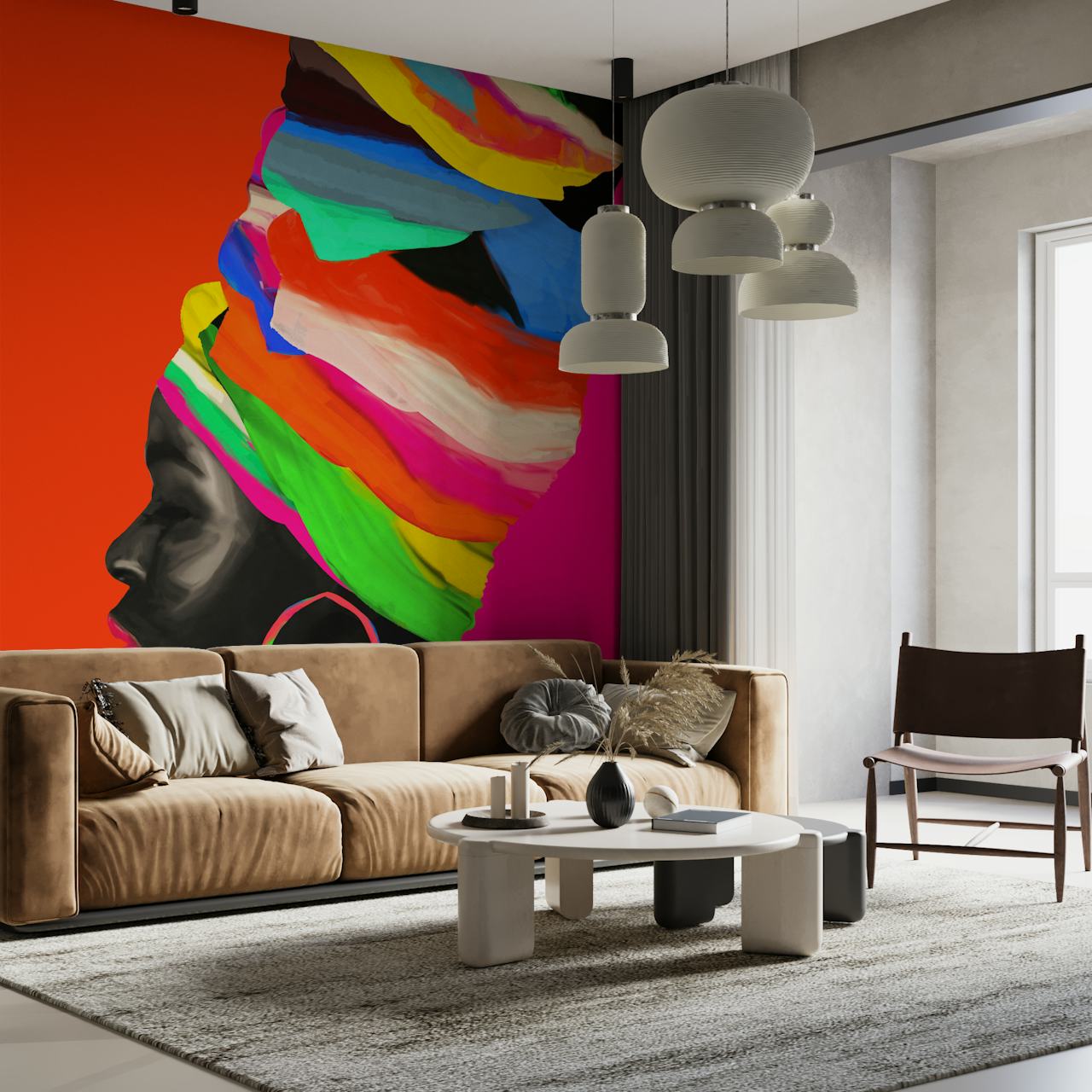 Profil kobiety w kolorowym abstrakcyjnym turbanie na fototapecie w neonowym różowym tle