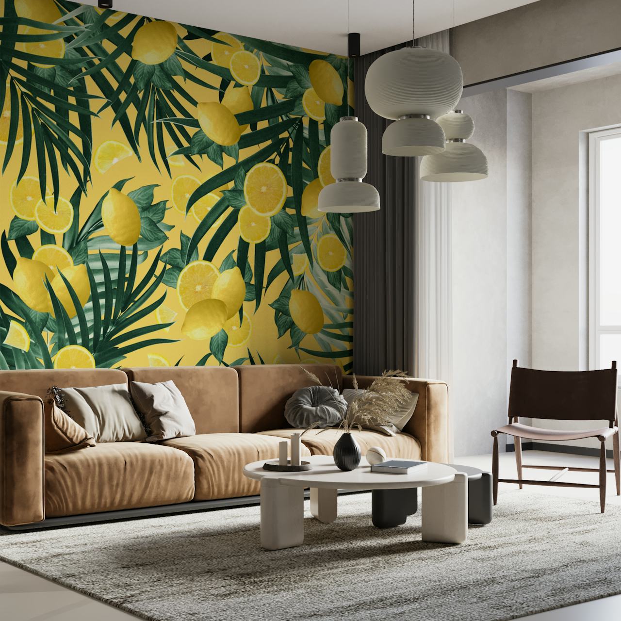 Verão Lemon Twist Jungle 3 e papel de parede de folhagem verde em um quarto