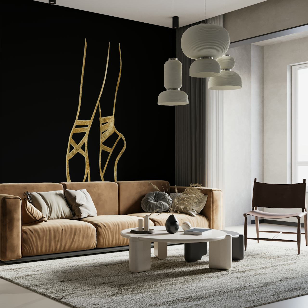 Golden ballet pointe shoes wall mural on a black background