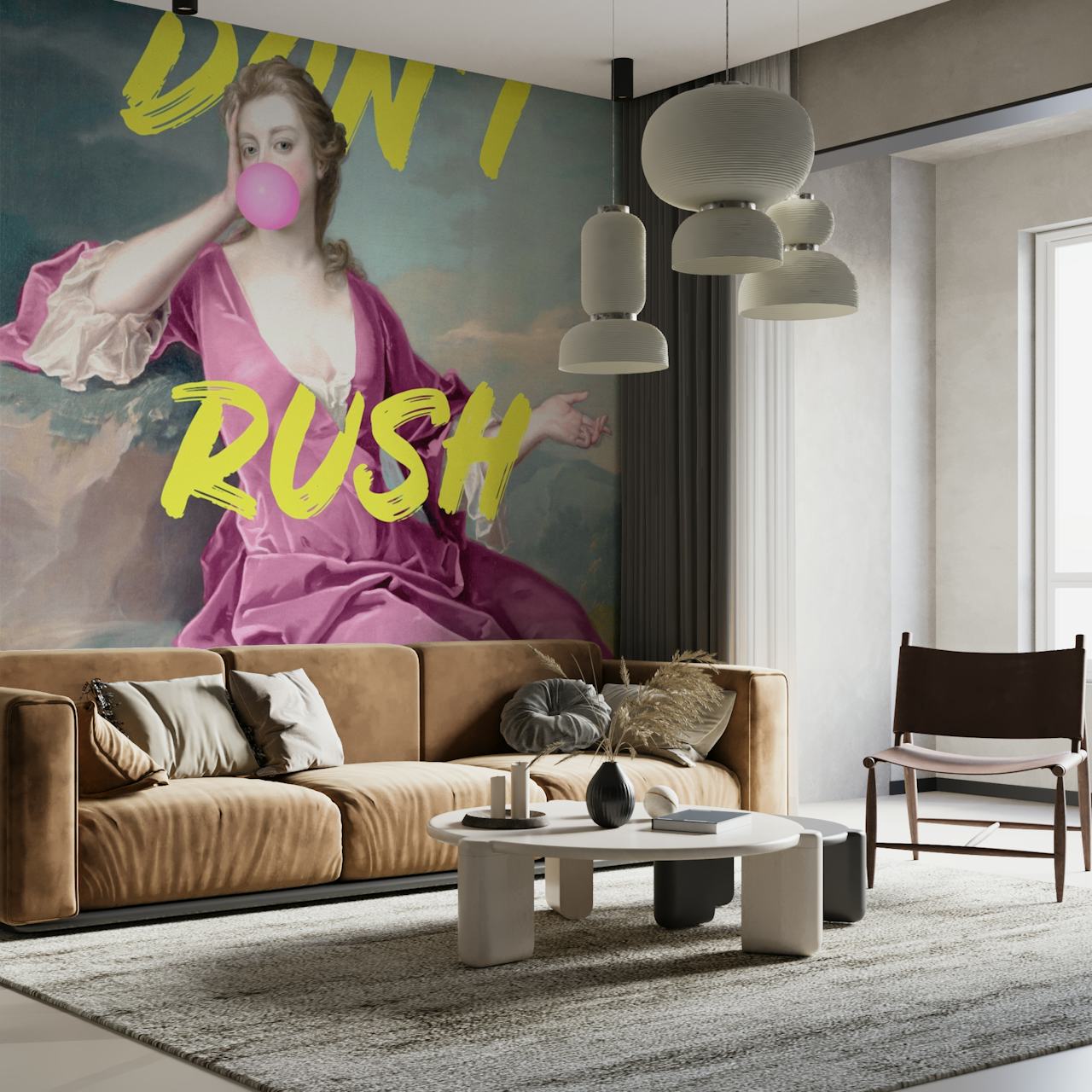 Portrait of woman with pink bubble and yellow text wallpaper