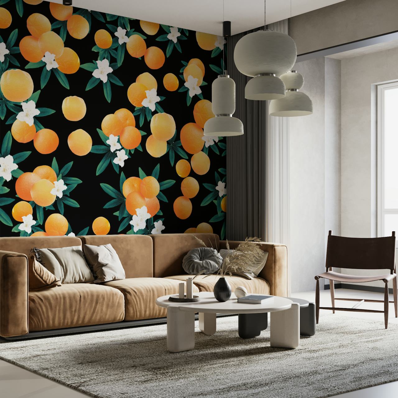 Pattern of orange fruits and white flowers on black wallpaper
