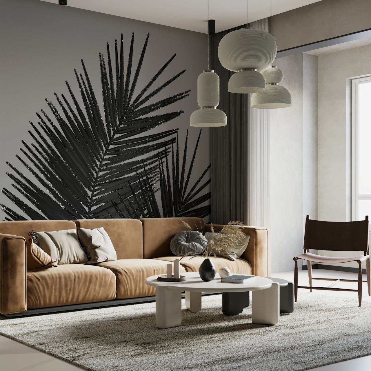 Folhas de palma pretas em um ambiente moderno
