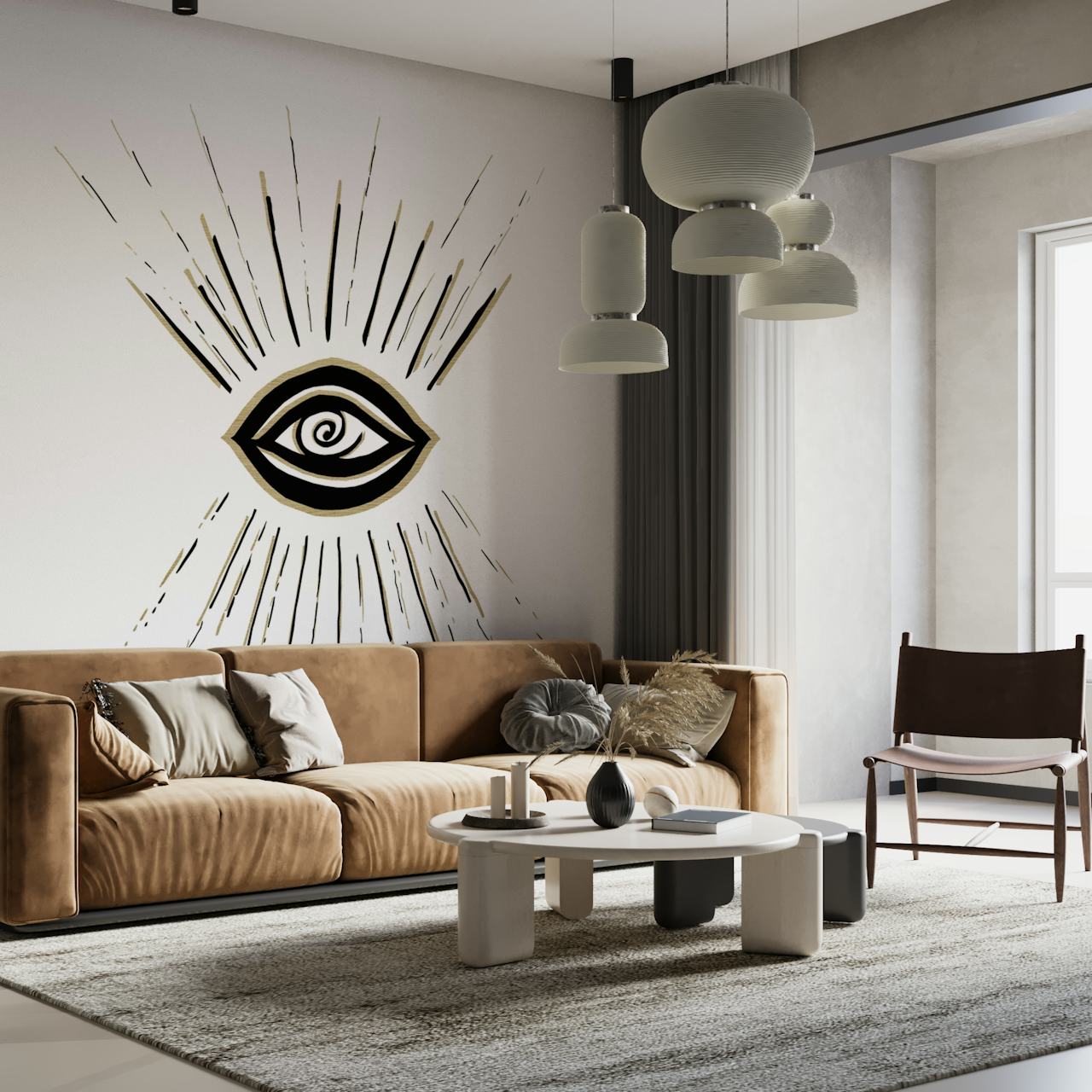 Mural de pared Evil Eye Gold Black on White que representa un símbolo protector con brillantes detalles dorados y negros sobre un fondo blanco.