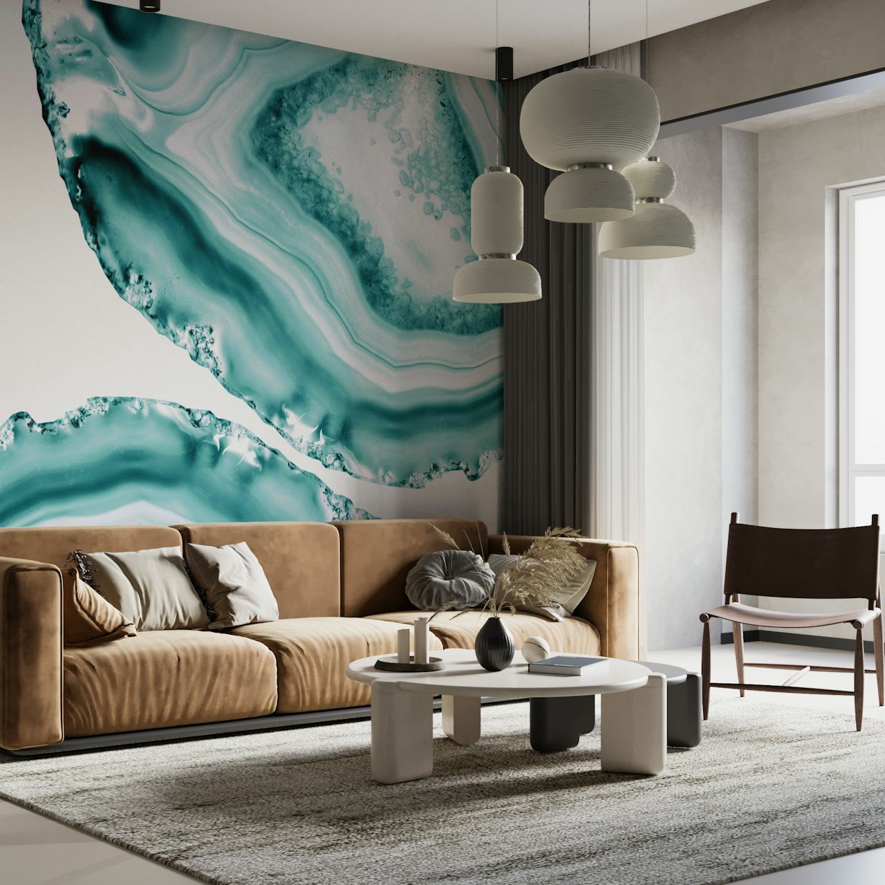 Soft Turquoise Agate 1 wall mural featuring bands of turquoise and white