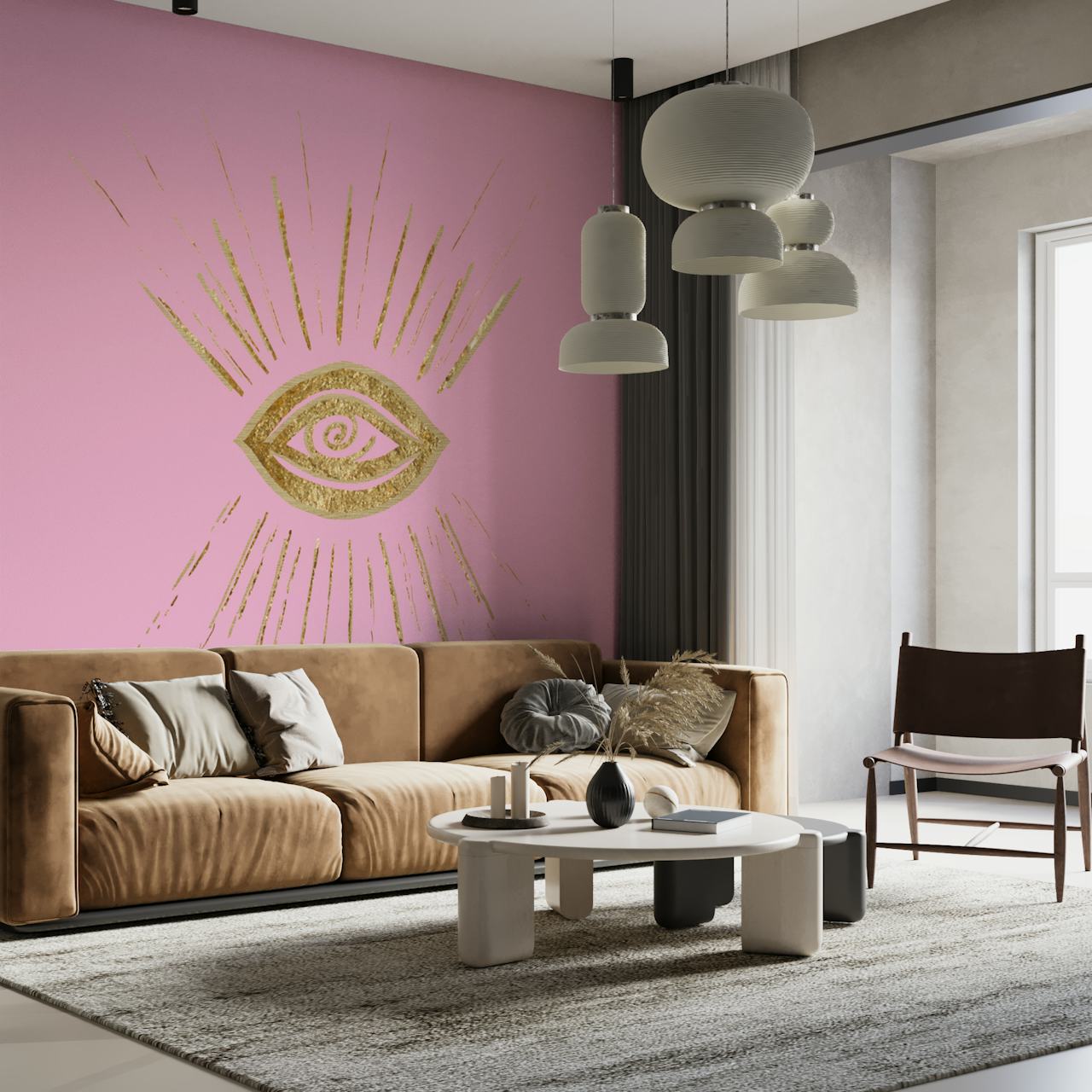 Evil Eye Gold on Pink papel pintado en una habitación