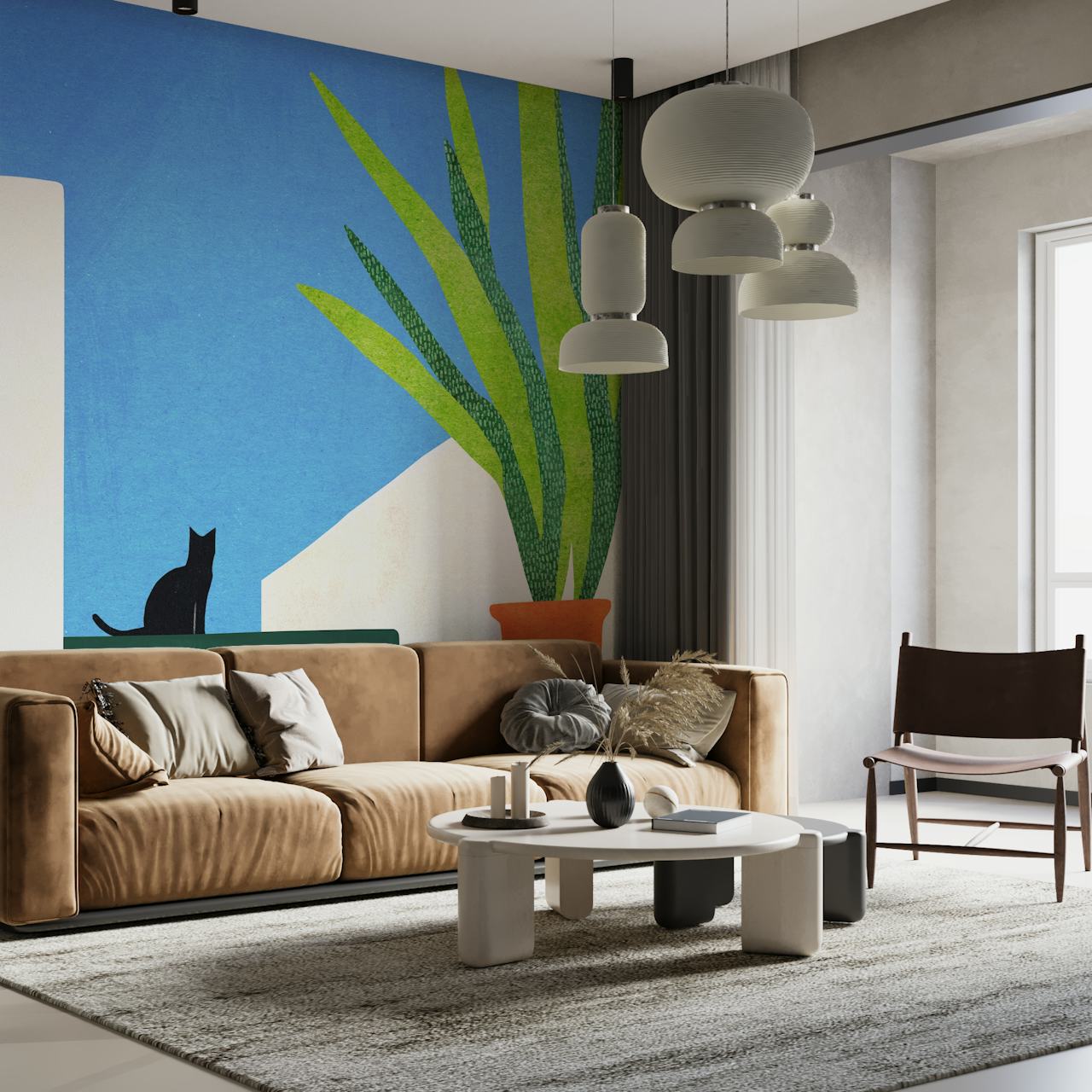Zwart kat met groene plant en witte muren, strakke stijl wallpaper