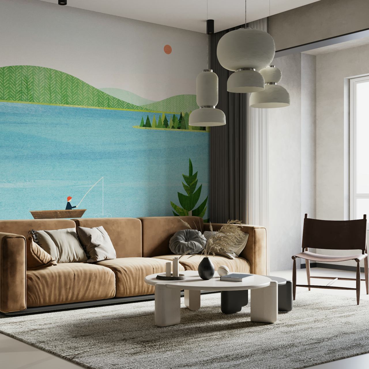 Illustrated wall mural of a person fishing on a calm lake with rolling hills and pine trees