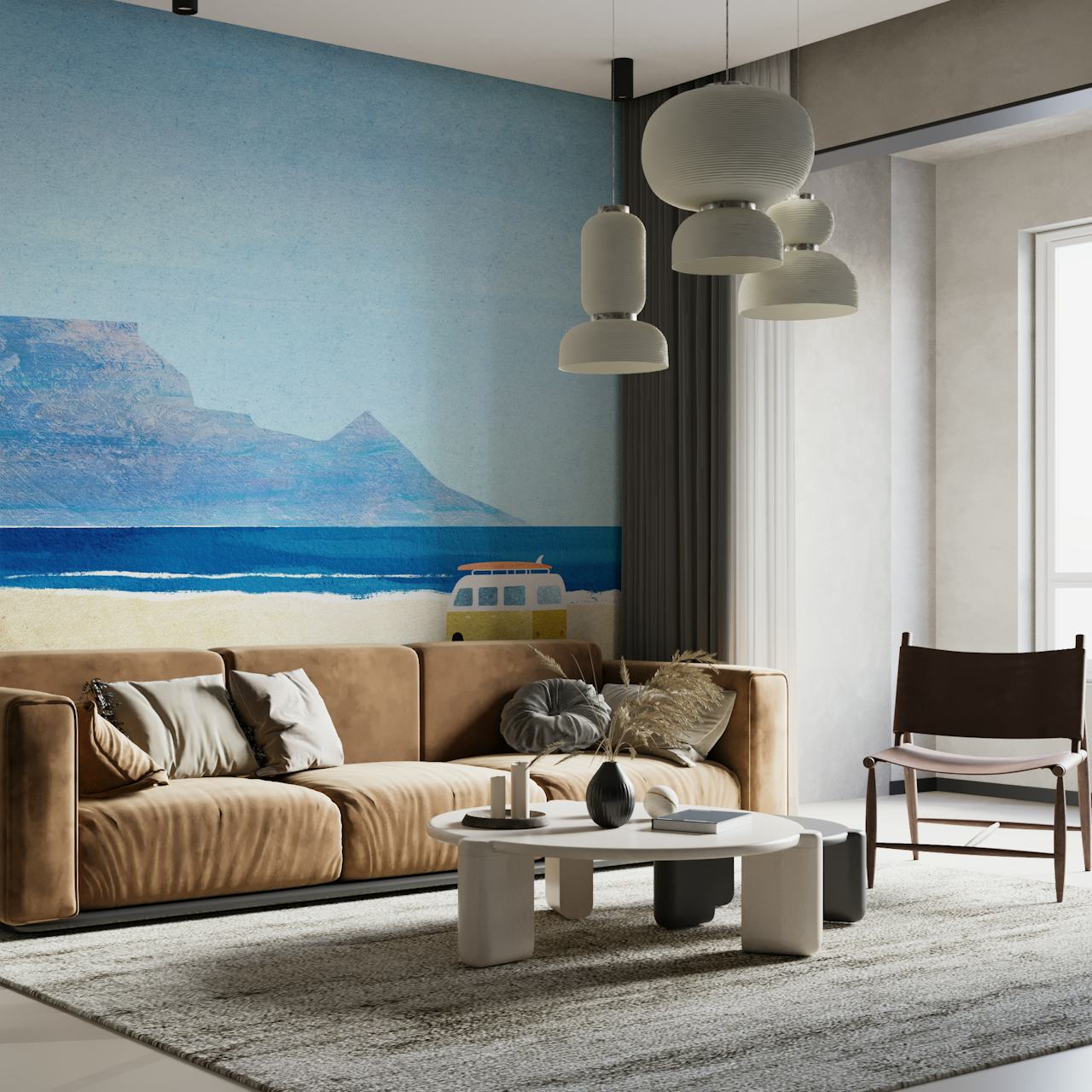 Surf van by the beach with mountains in the background, blue sky, and beige sand wallpaper