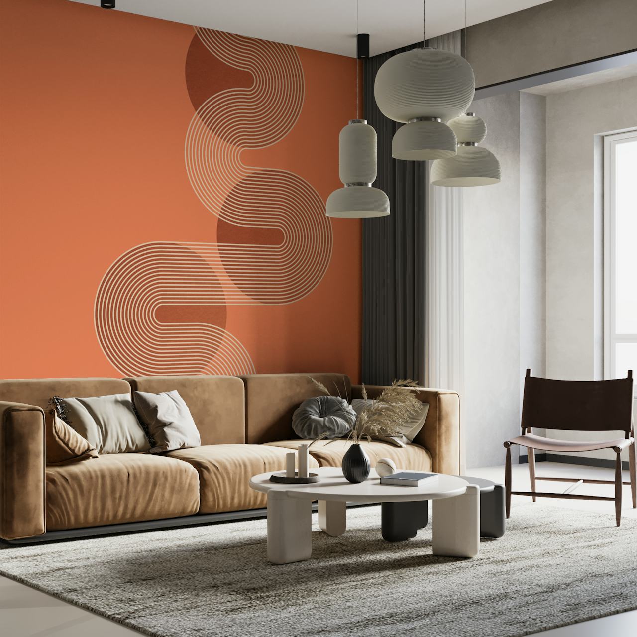 Geometric line pattern in orange and cream wallpaper