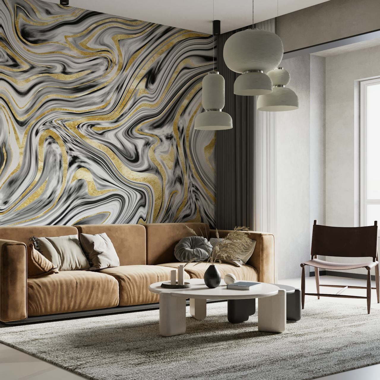 Swirling gray, black, white, and gold marble pattern wall mural