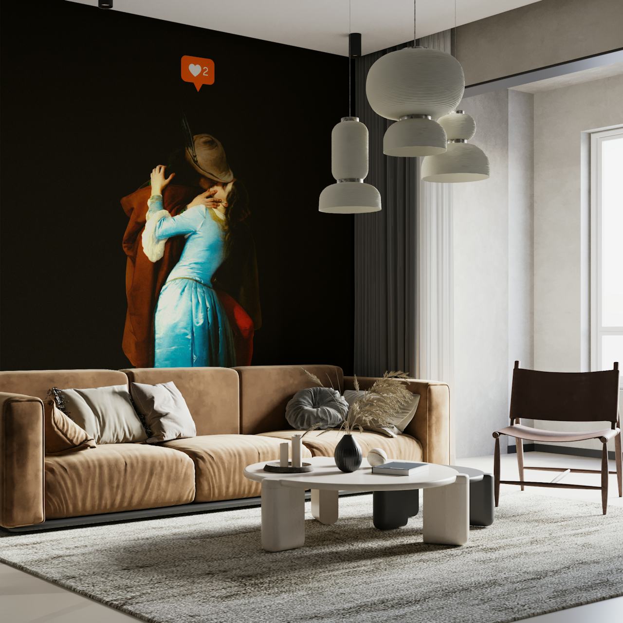 Contemporary mural of a romantic embrace with love icon