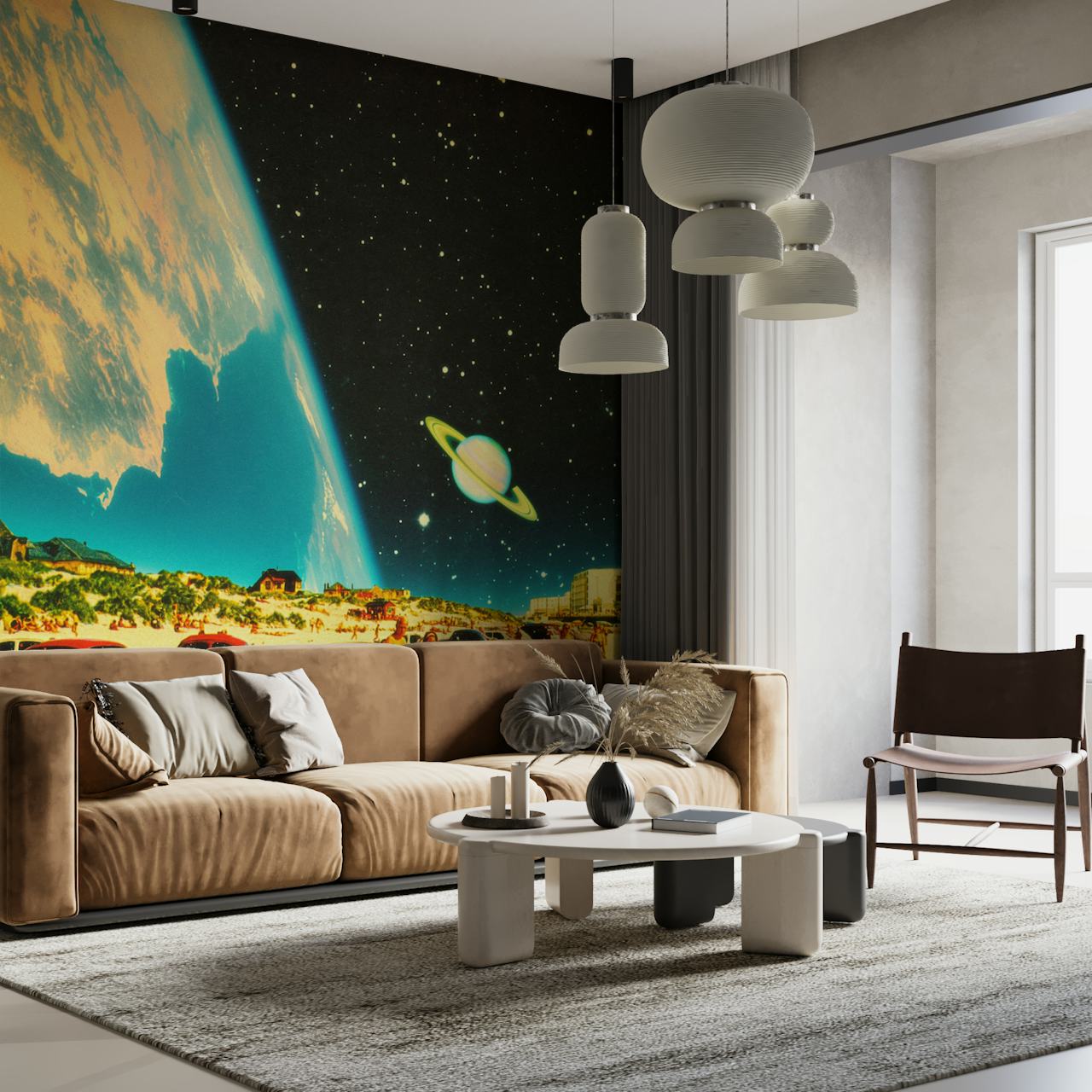 A surreal beach scene with vintage cars, sunbathers, and a cosmic sky with stars and a planet.