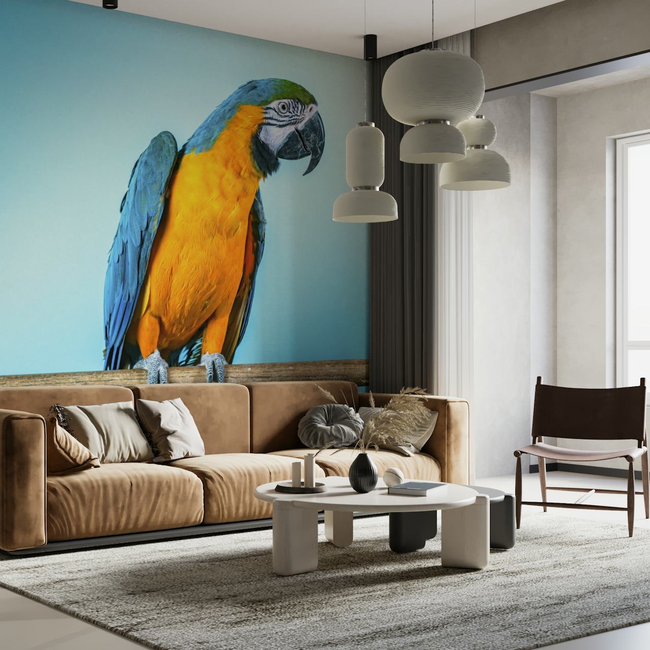 Vibrant parrot wallpaper in a room