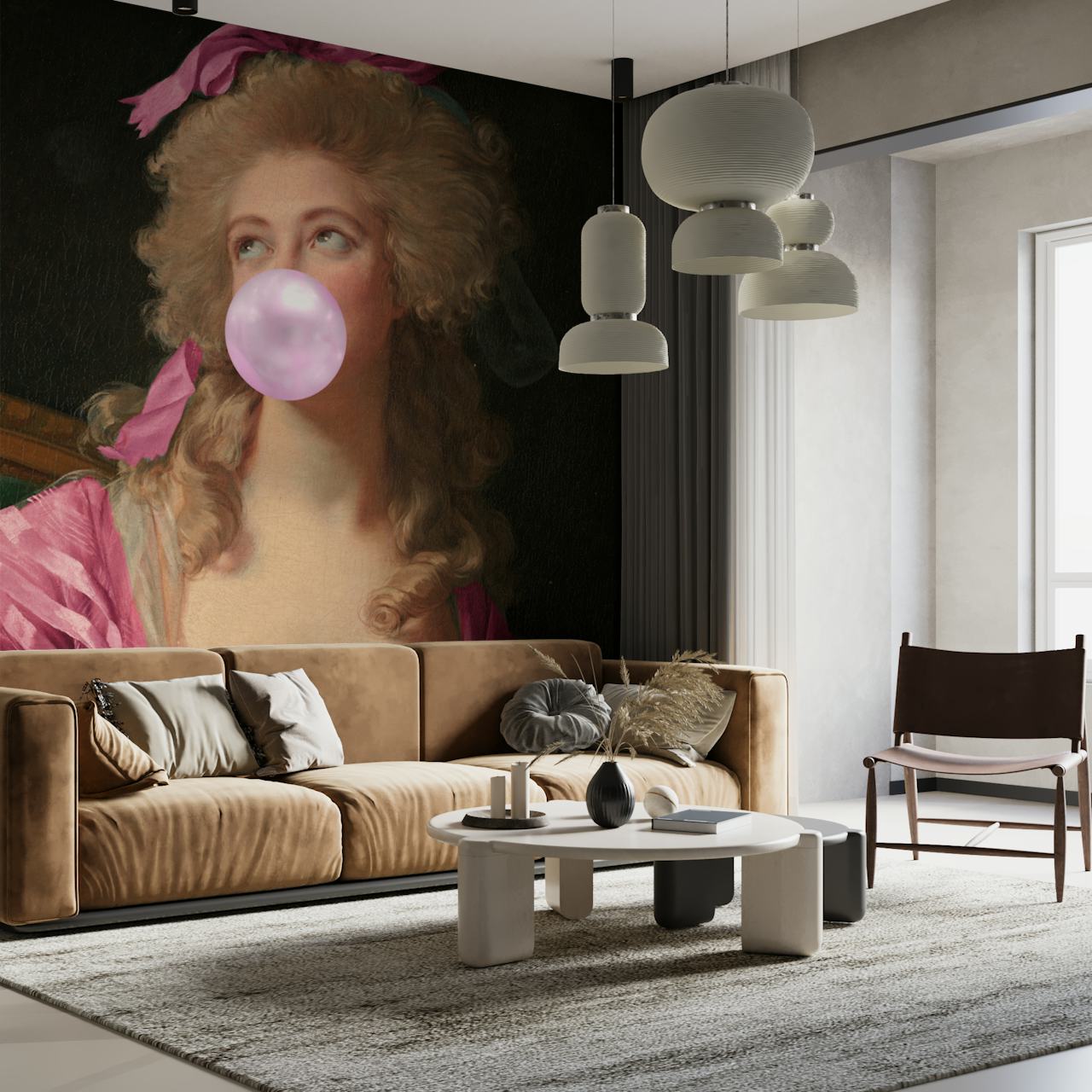 Vintage floral design with a woman chewing pink bubble gum. Pink colors wallpaper