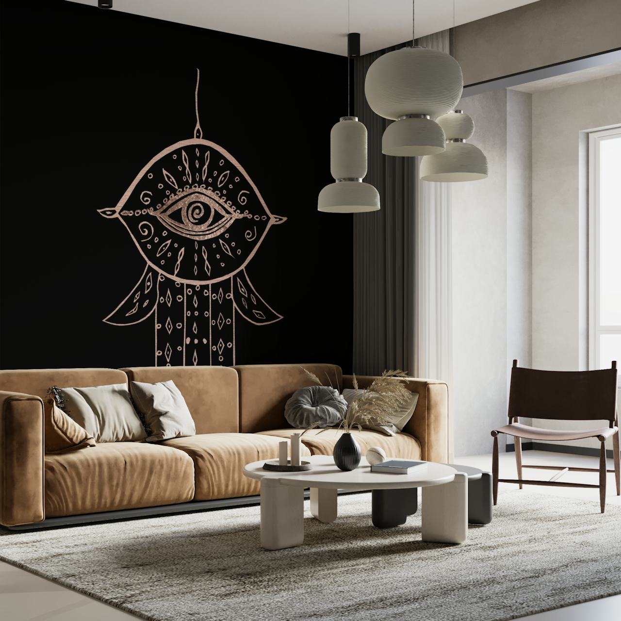 Hamsa Hand Rose Goud op Zwarte Muurschildering