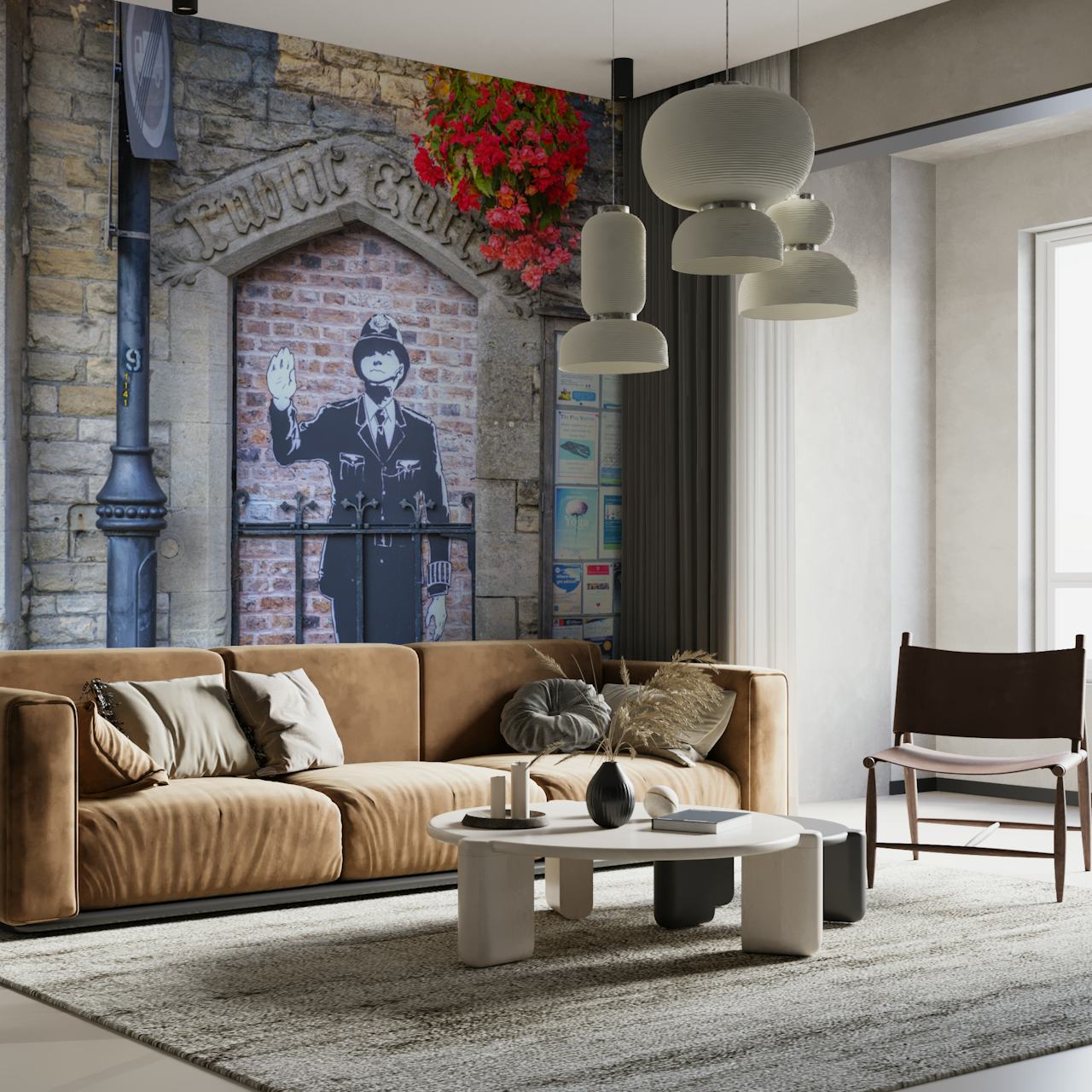 Cotswold village wall mural with a faux guard figure and floral accents