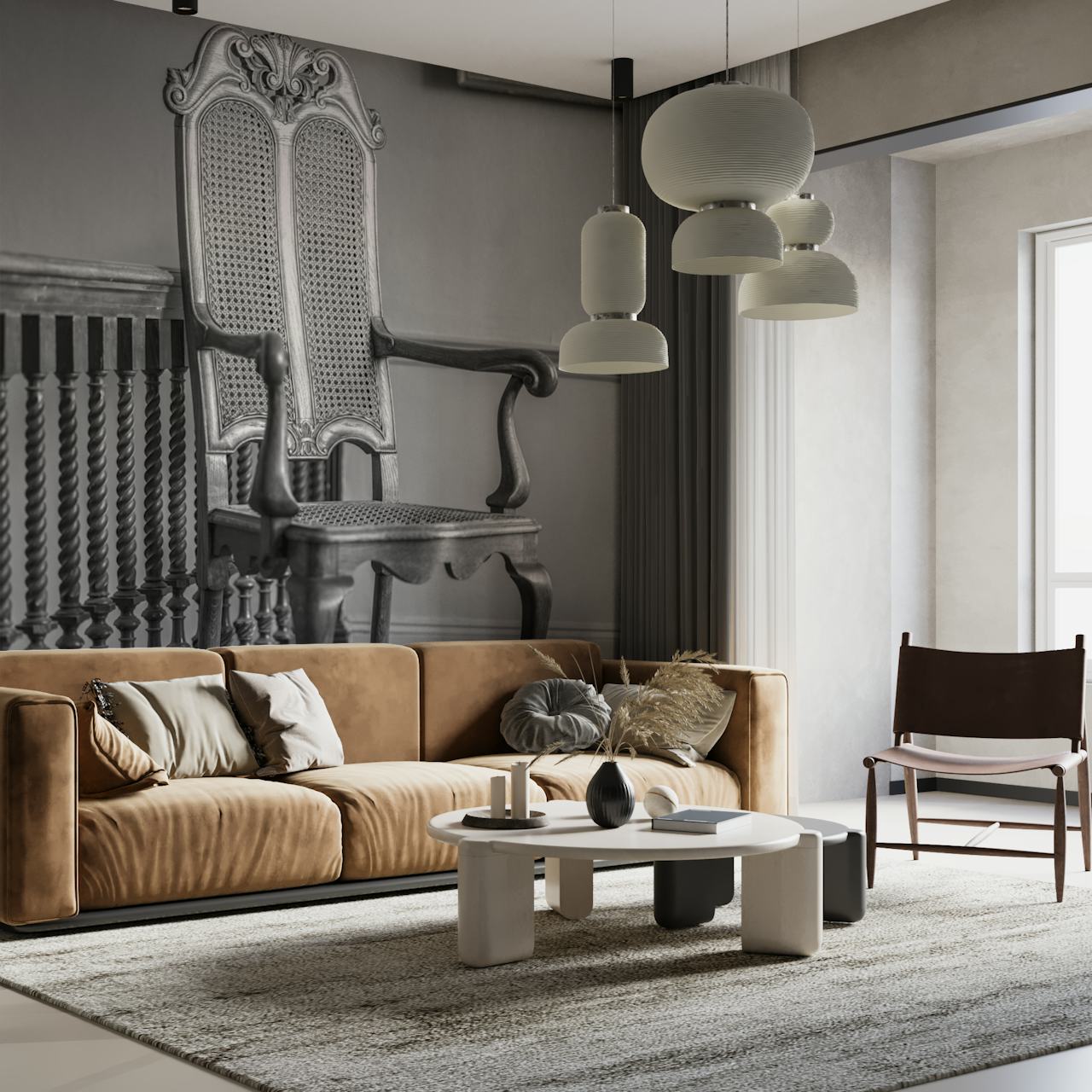 Vintage wooden chair in black and white wallpaper