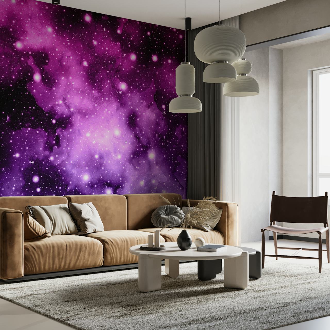 Purple Pink Galaxy Nebula behang in een kamer