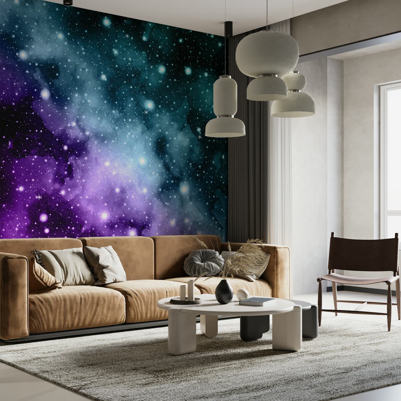 Tapeta Purple Teal Galaxy Nebula v pokoji