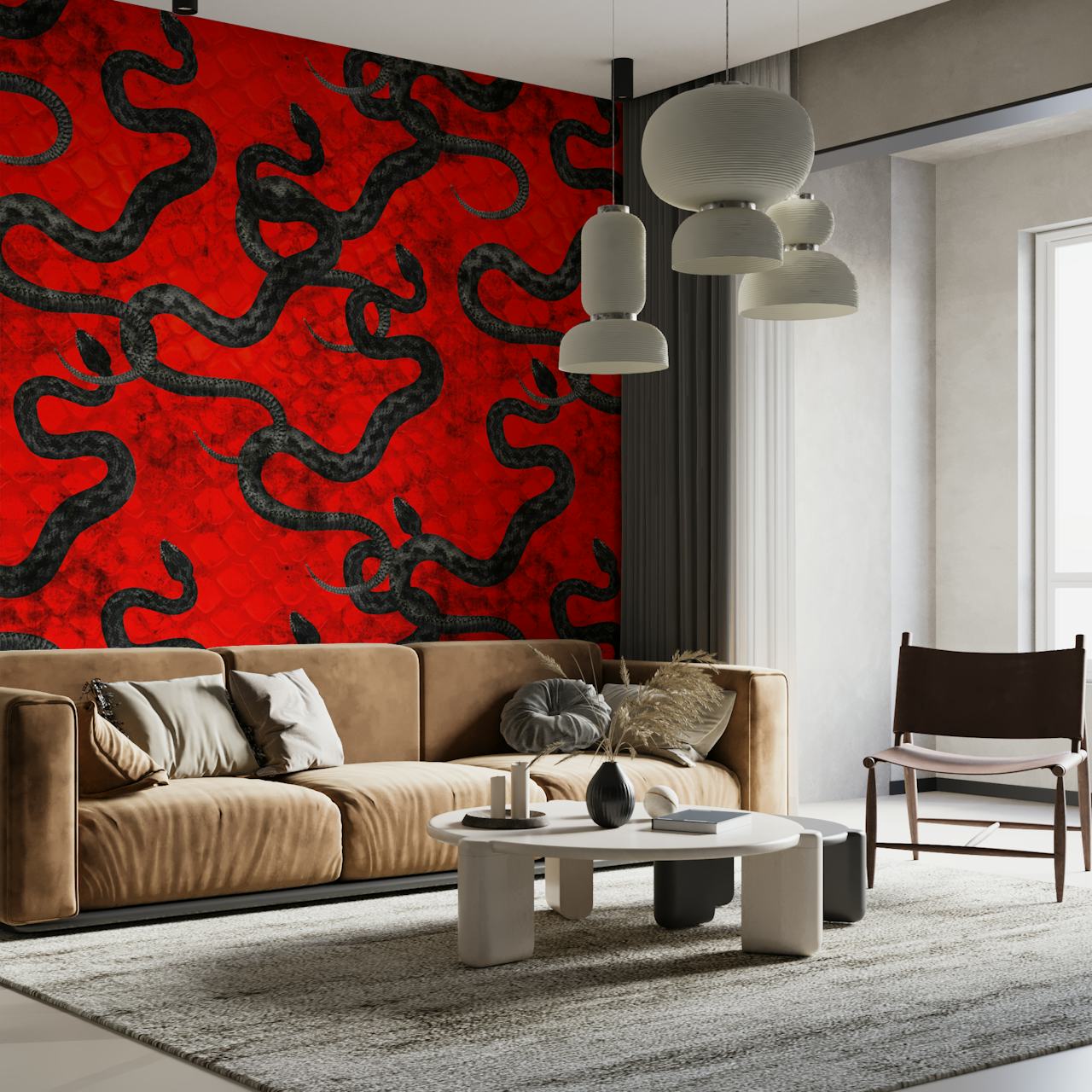 Snakes on fire red papel de parede em um quarto
