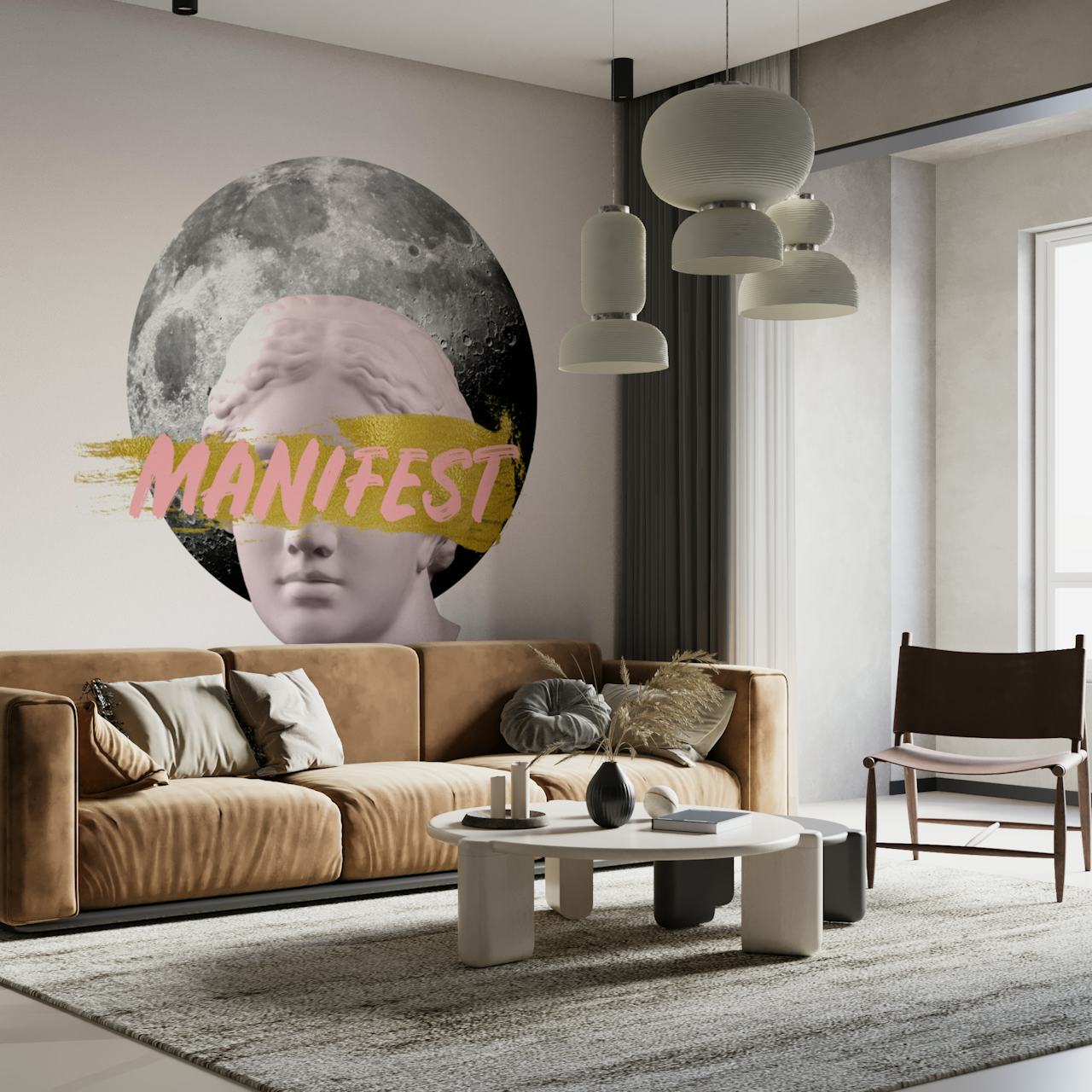 Klassisk Venusstaty och måntapet med djärv Manifest-text mot en minimalistisk bakgrund