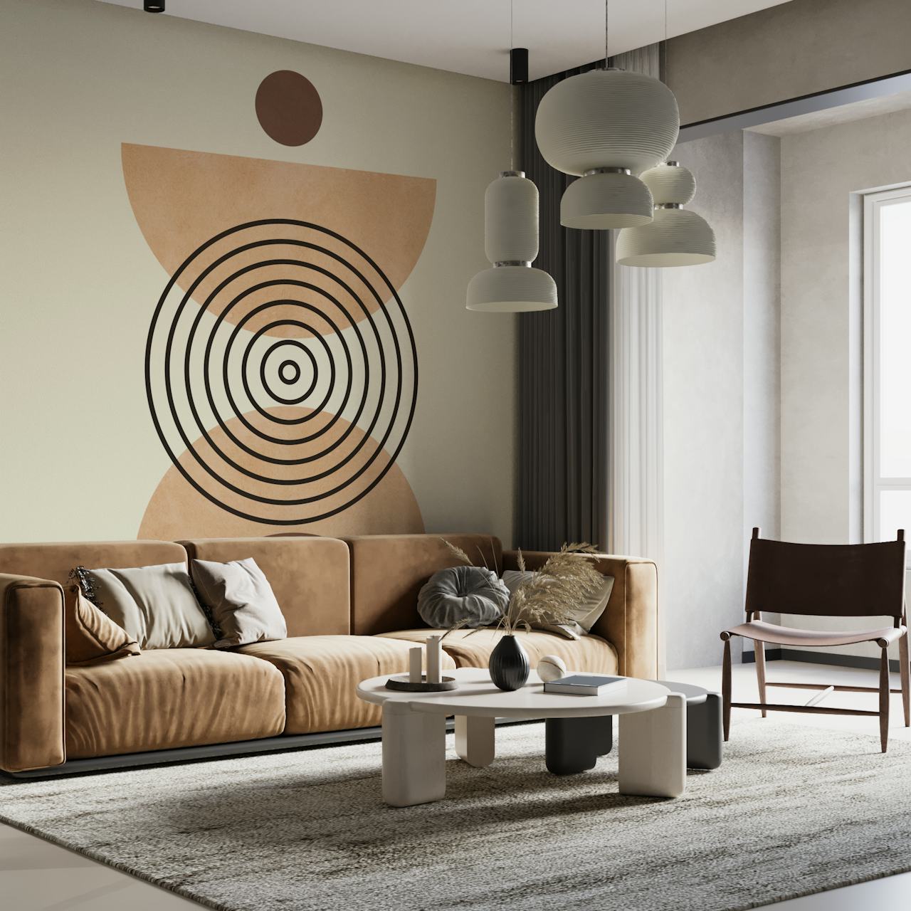 Geometric shapes in beige and brown with black lines wallpaper