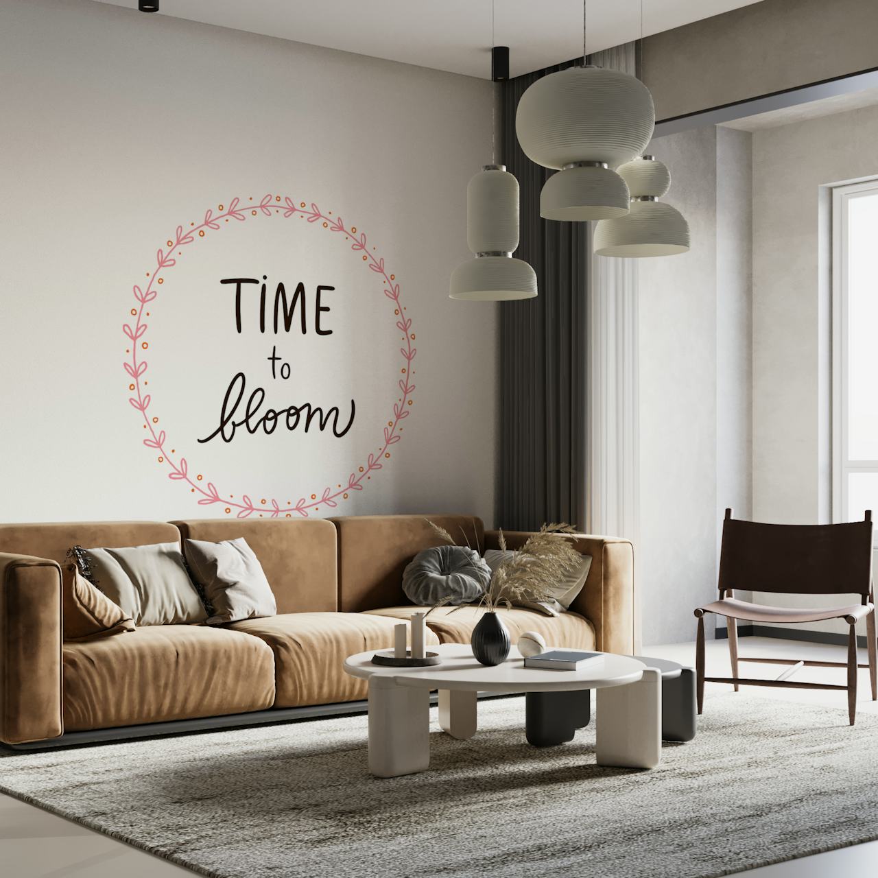 Floral design with 'Time to Bloom' lettering and pink accents wallpaper