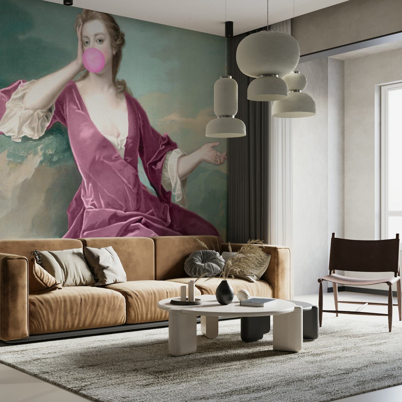 Wall mural of a woman in a classic portrait style with a modern twist of pink bubble gum