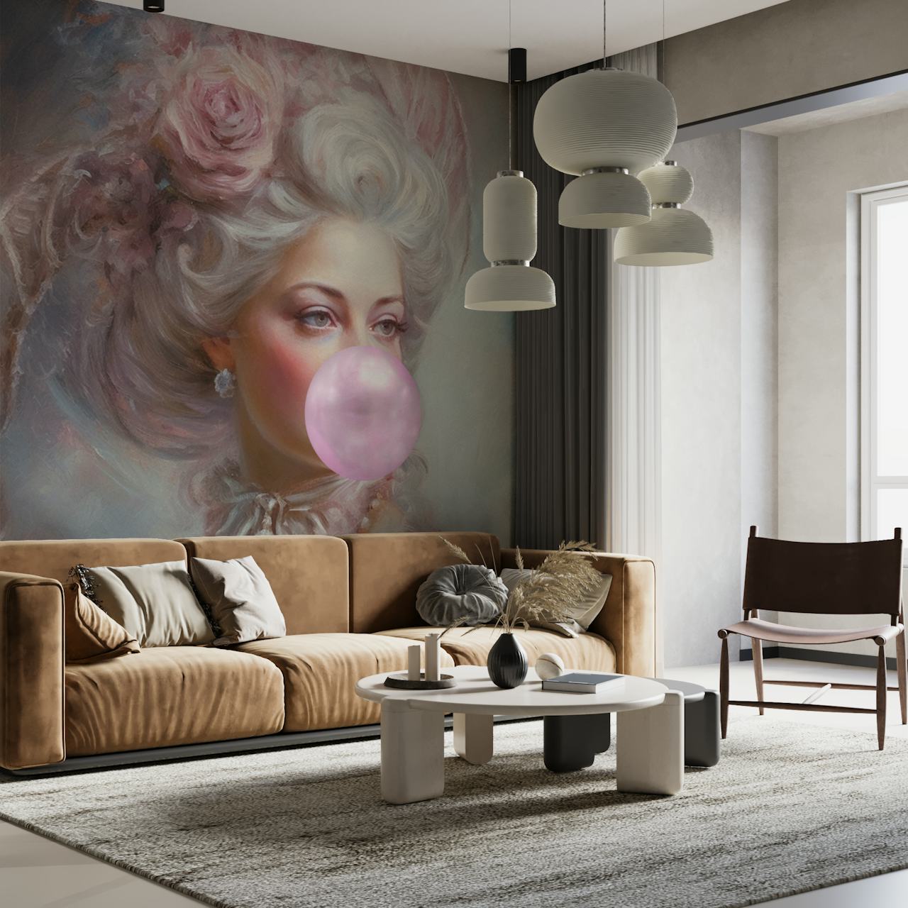 Marie Antoinette portrait with pink bubblegum wallpaper