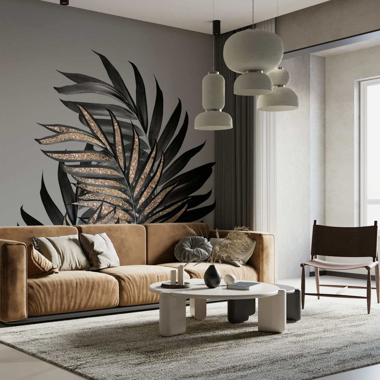 Black tropical leaves with glitter accents wallpaper
